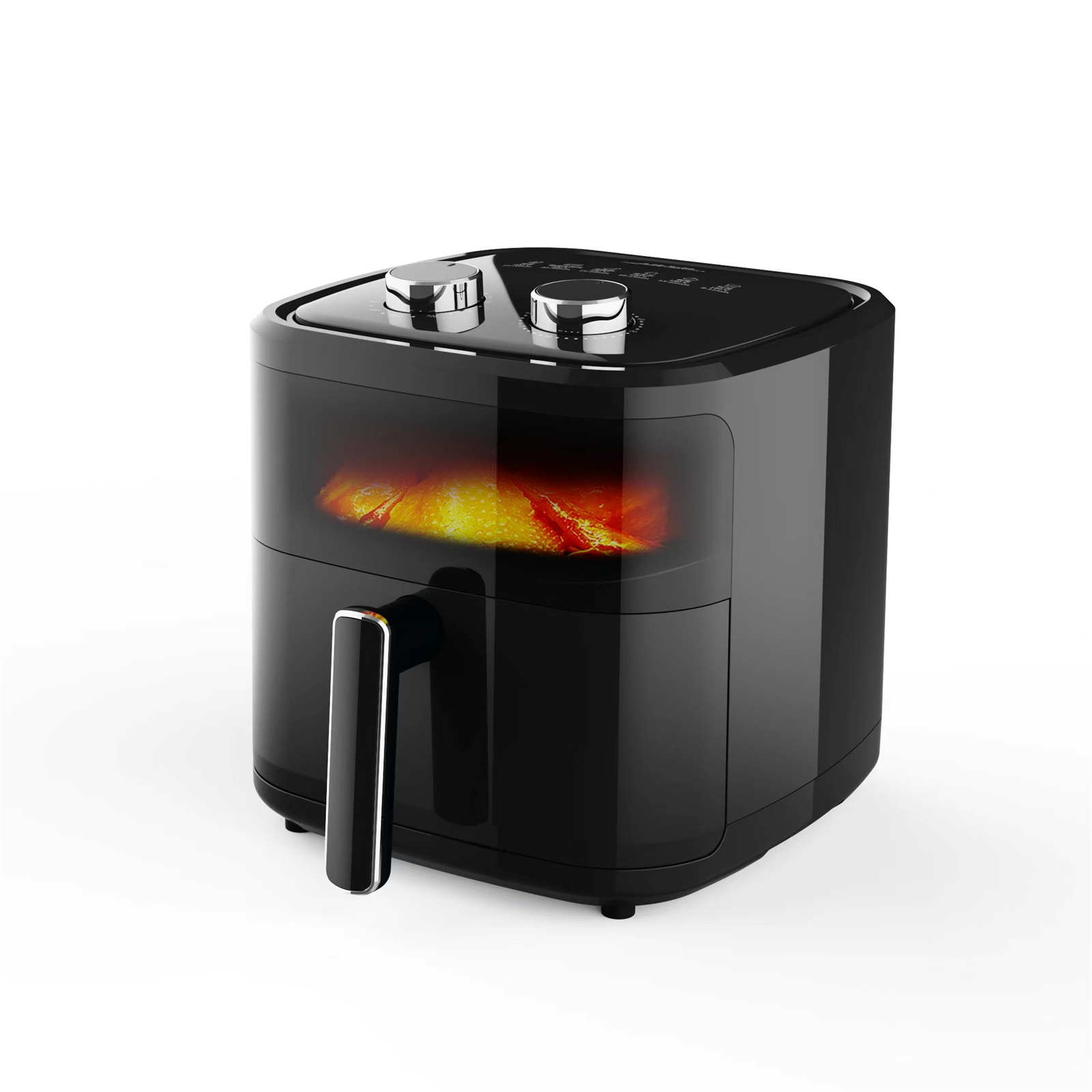 Ein schwarzer Airfryer mit silbernem Griff und zwei Drehknöpfen. Innen leuchtet das Essen beim Kochen. Weißer Hintergrund.