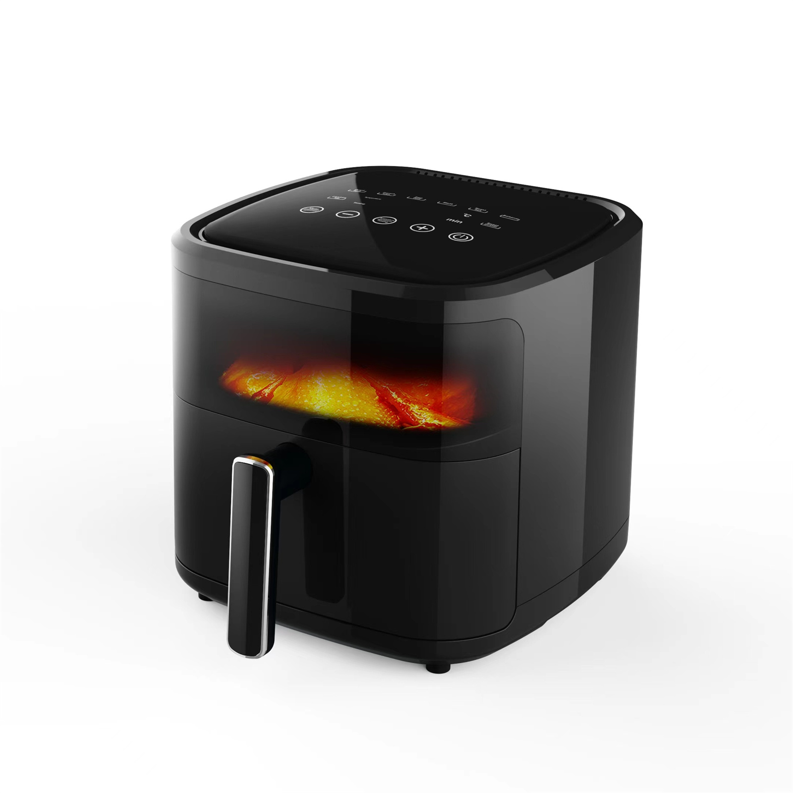 Schwarze Heißluftfritteuse mit Griff, Digitalanzeige und Essen im Inneren. Es steht auf einer weißen Oberfläche.