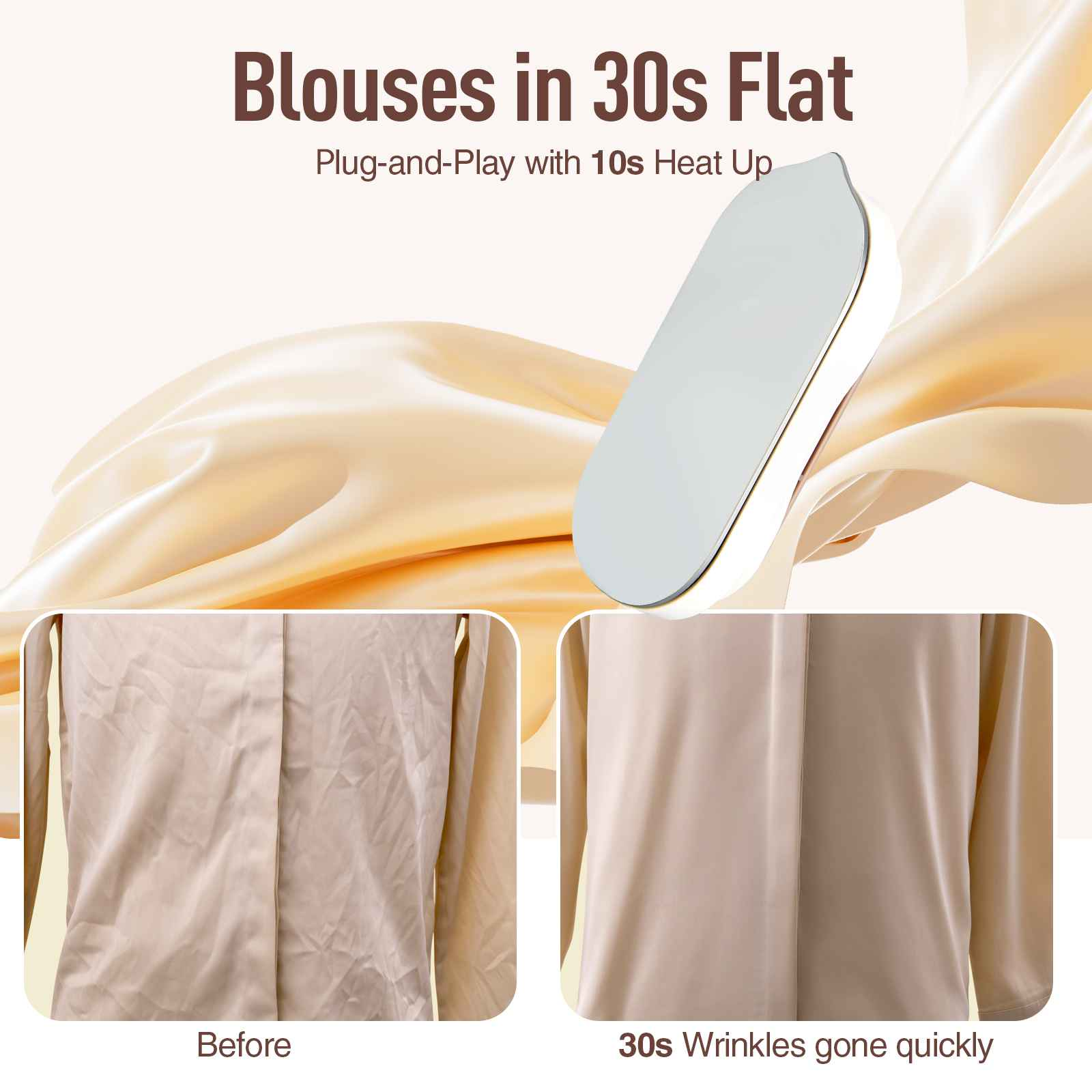 Das Bild zeigt ein Blusenbügeleisen mit dem Text 'Blusen in 30s Flat'. Eine Seite zeigt zerknitterte Bluse, die andere glatt.