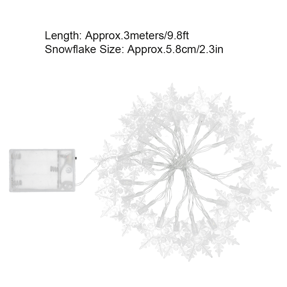 Weiße Schneeflocken-Lichterkette mit Batteriepack auf weißem Hintergrund. Text: Länge: ca. 3 Meter/9,8 Fuß, Schneeflockengröße: ca. 5,8 cm/2,3 Zoll.