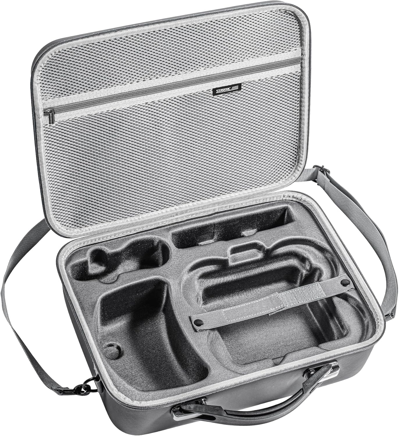Offener grauer Tragekoffer mit geformtem Innenraum für Elektronik. Mit Netztasche, Griff, Schultergurt und Reißverschluss.