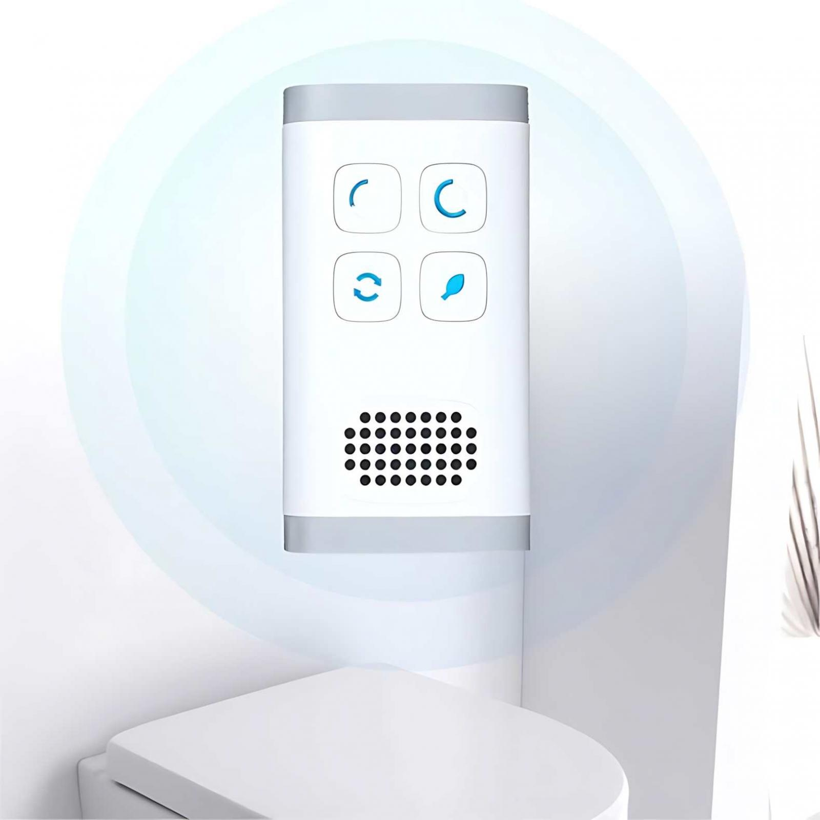 Weißes Gerät mit Knöpfen und einem Lautsprecher, über einer Toilette montiert. Blaues kreisförmiges Design um das Gerät.