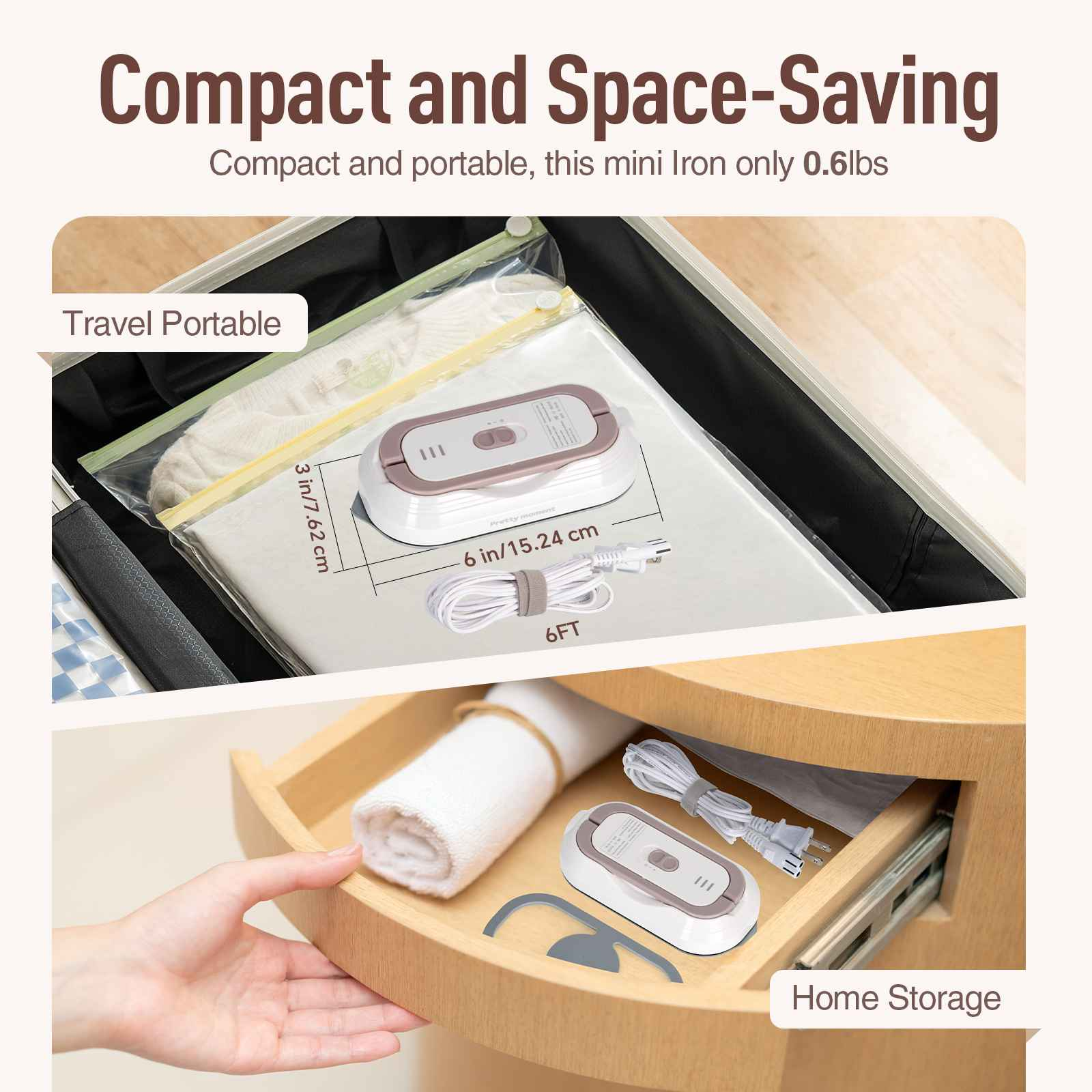 Das Bild zeigt ein Mini-Bügeleisen in einer Schublade. Es ist kompakt, mit Angabe von Größe und Kabel. Der Text lautet 'Travel Portable' und 'Home Storage'.