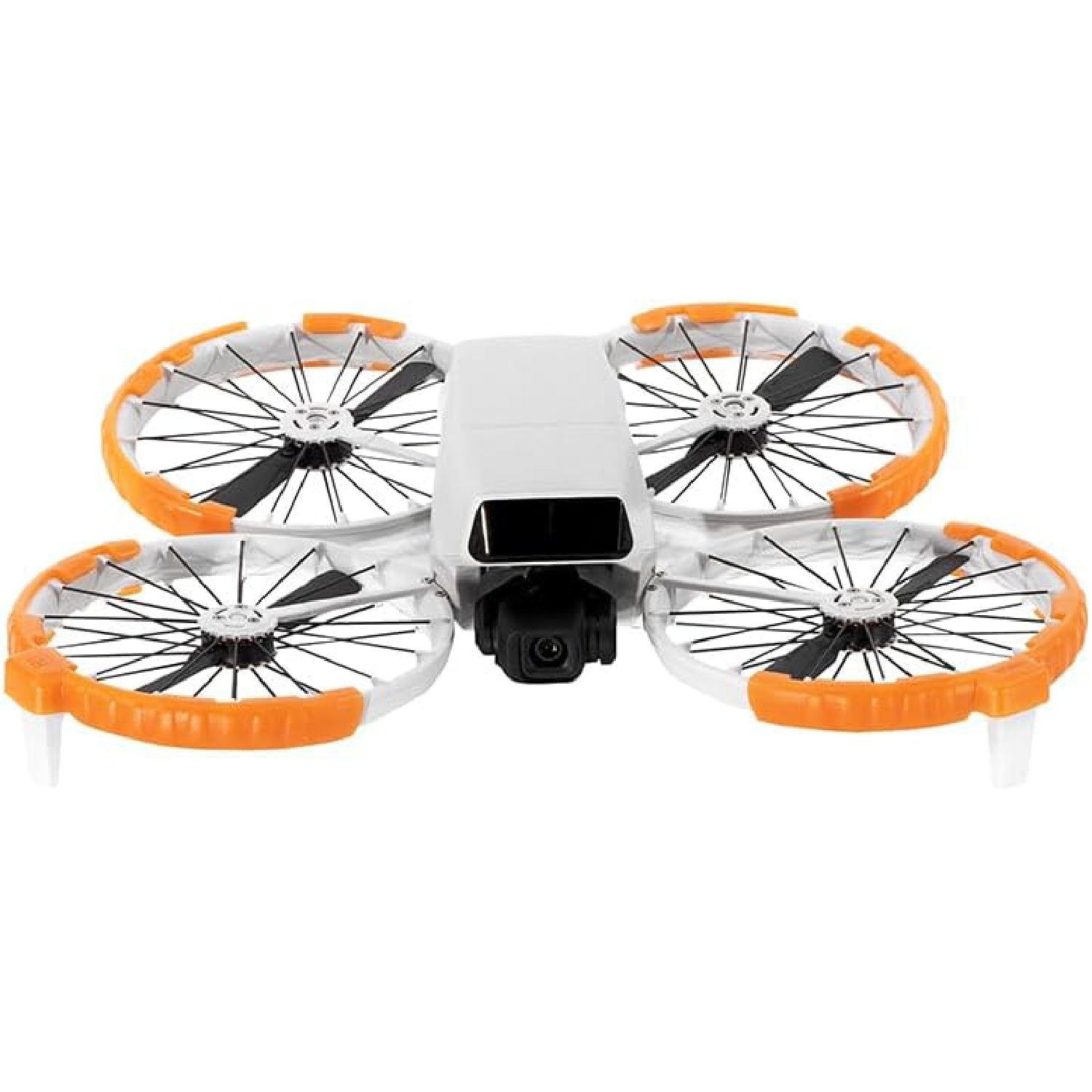 Eine weiße und orangefarbene Drohne mit vier Propellern. Die Propeller sind schwarz mit orange-weißen Schutzvorrichtungen. Der Hintergrund ist weiß.