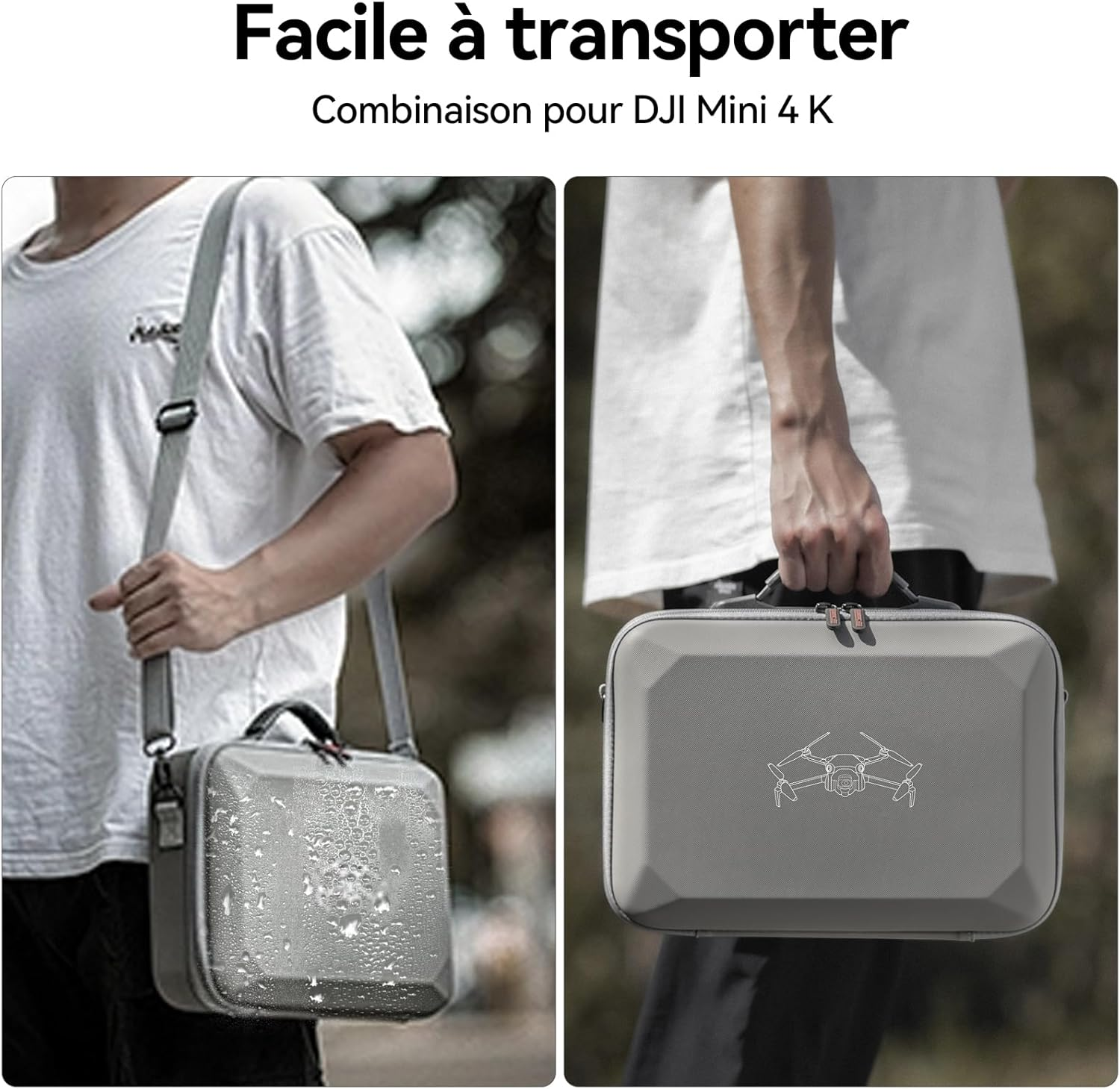 Zwei Personen tragen graue Koffer. Einer hat eine Umhängetasche, der andere hält einen Koffer mit Drohnenbild. Text oben: "Leicht zu transportieren".