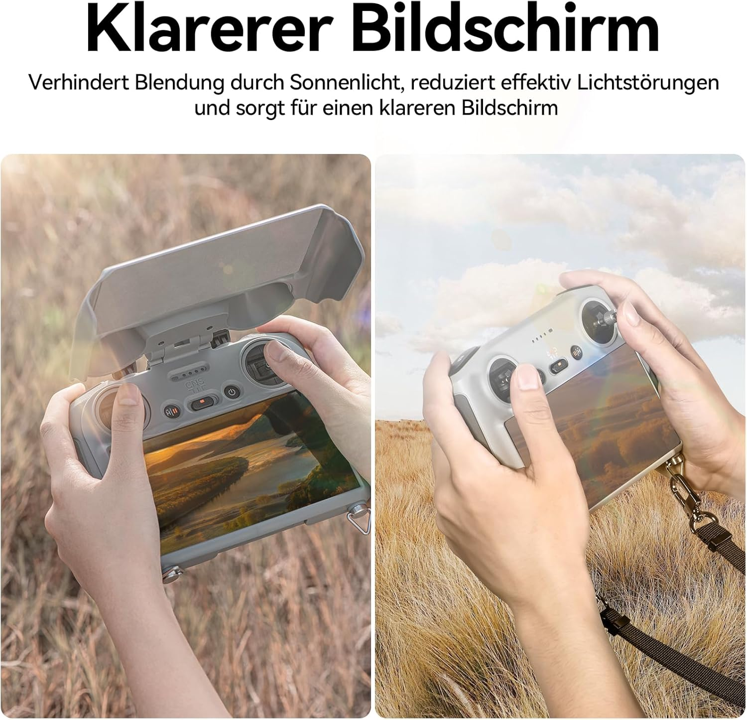 Hände halten eine Drohnenfernbedienung mit einem Bildschirmschutz. Der Hintergrund zeigt ein Feld, Himmel und einen Riemen.