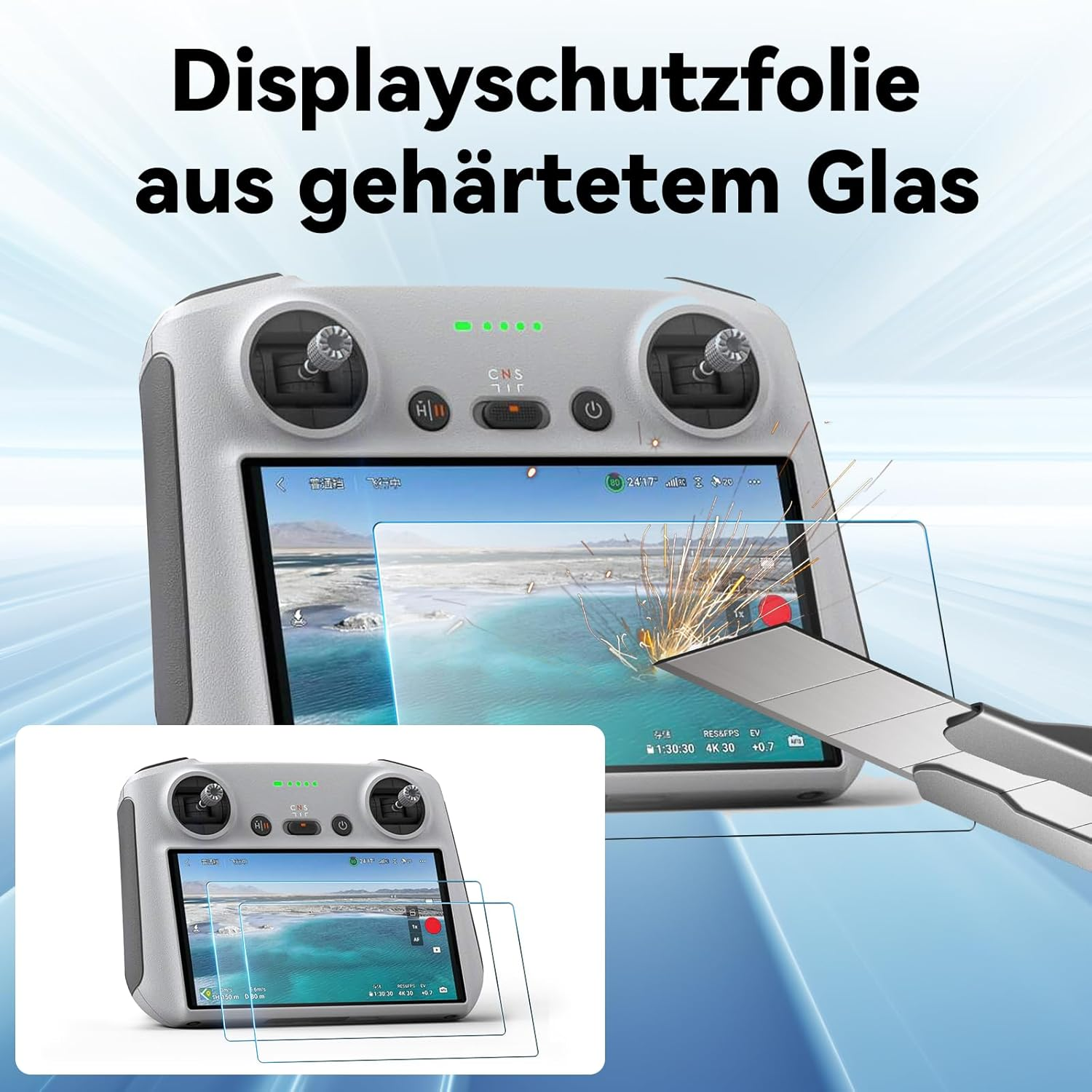 Ein Drohnen-Controller, bei dem eine Displayschutzfolie angebracht wird. Der Bildschirm zeigt eine Küstenlandschaft. Zum Schneiden wird ein Cutter verwendet.