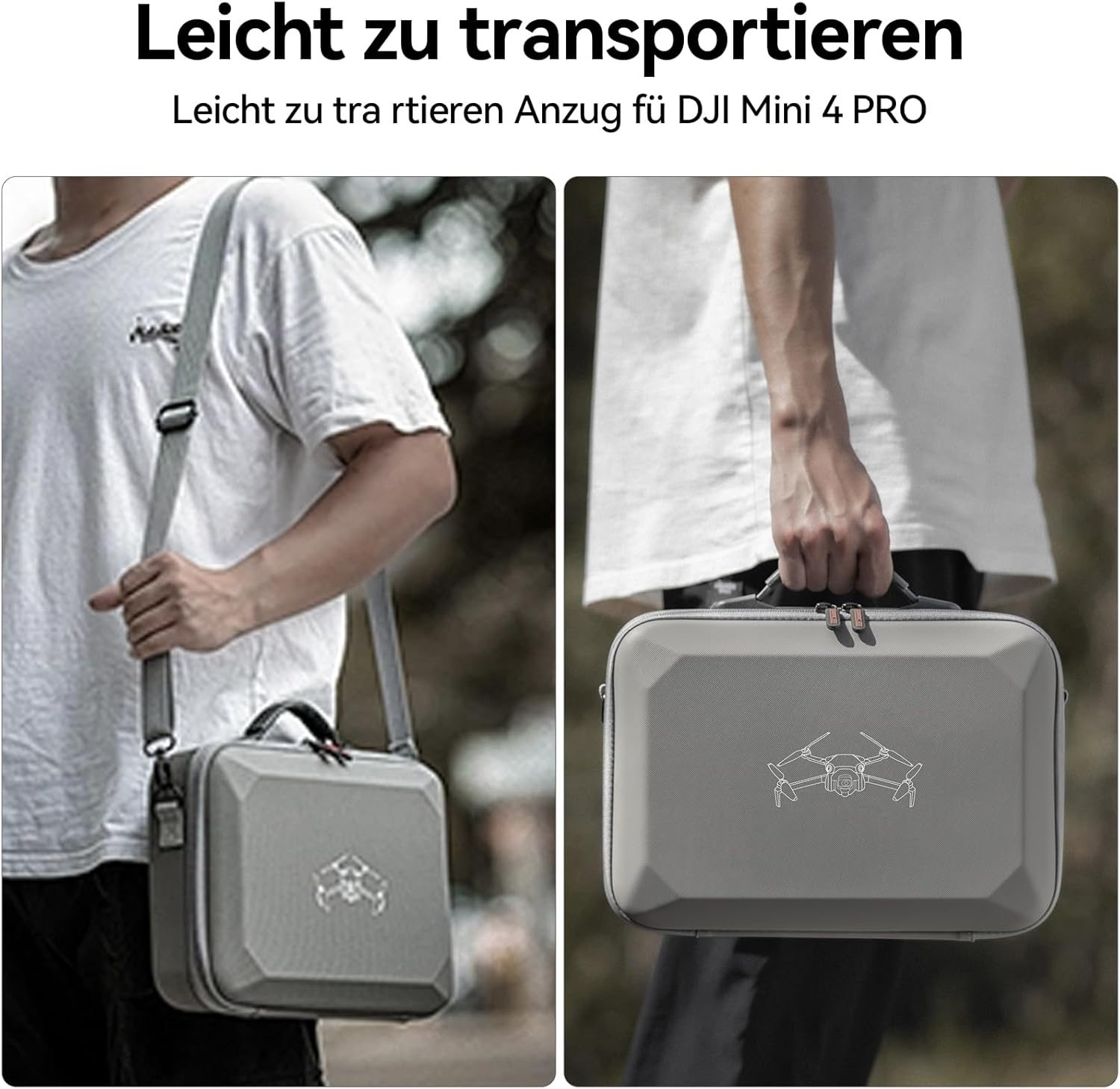 Zwei Personen tragen einen grauen DJI Mini 4 PRO Koffer. Einer benutzt einen Schultergurt. Der andere hält den Griff. Text oben auf Deutsch.