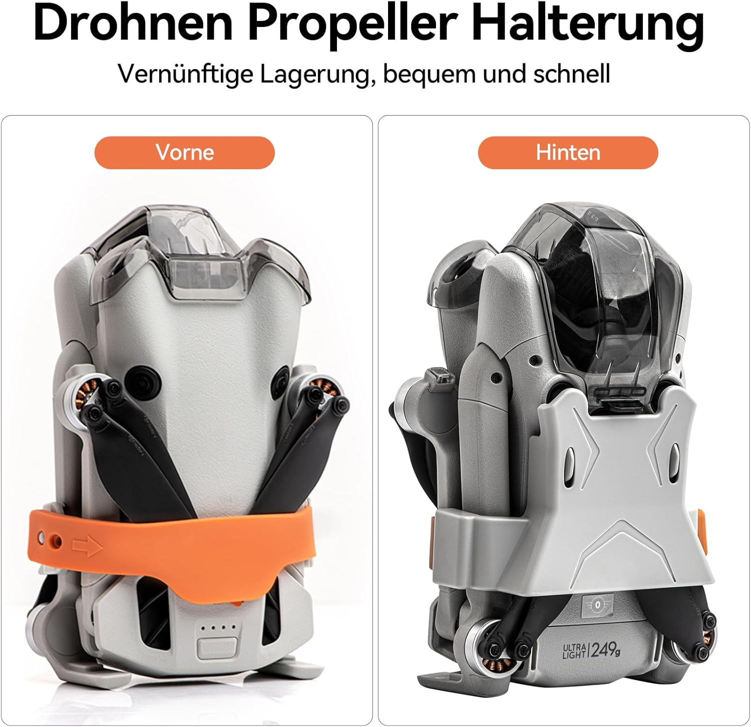 Das Bild zeigt zwei Drohnenansichten: vorne und hinten. Jede Drohne ist grau, mit schwarzen Propellern und einem orangefarbenen Gurt gesichert.