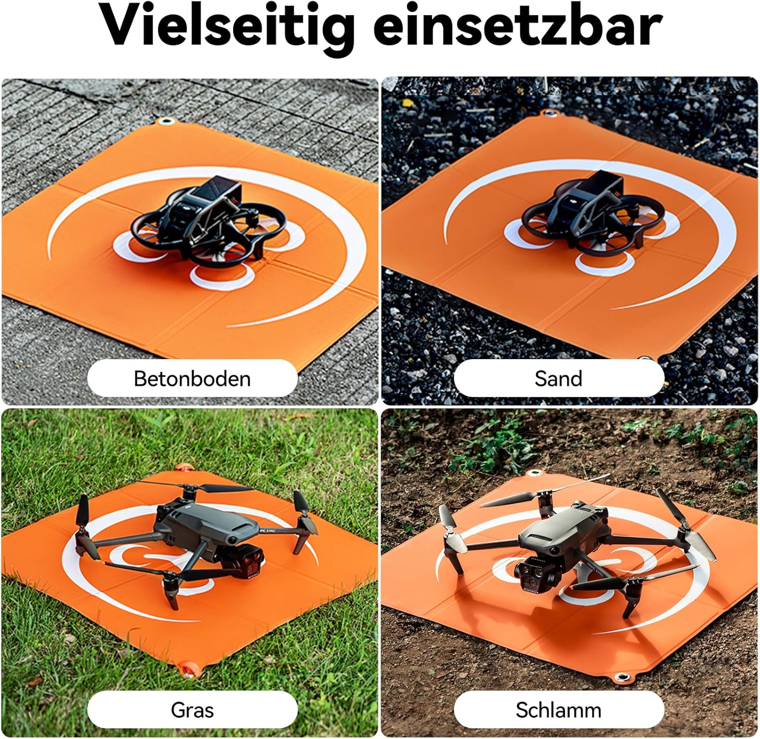 Vier Bilder zeigen Drohnen auf orangefarbenen Landeplätzen. Drohnen befinden sich auf Beton, Sand, Gras und Schlamm.