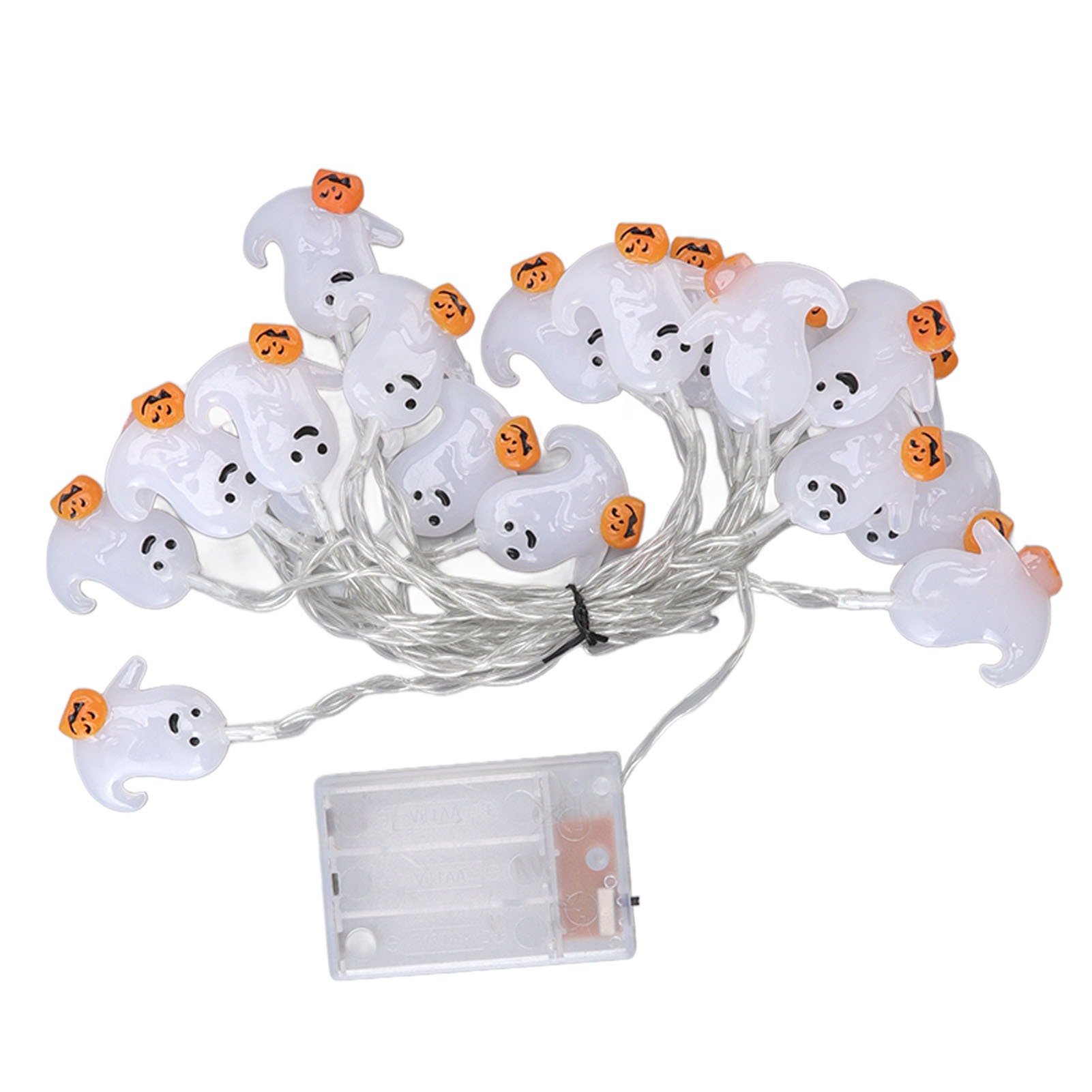 Eine Lichterkette mit Halloween-Geistern und orangefarbenen Kürbishüten. Enthält ein Batteriefach und einen weißen Hintergrund.
