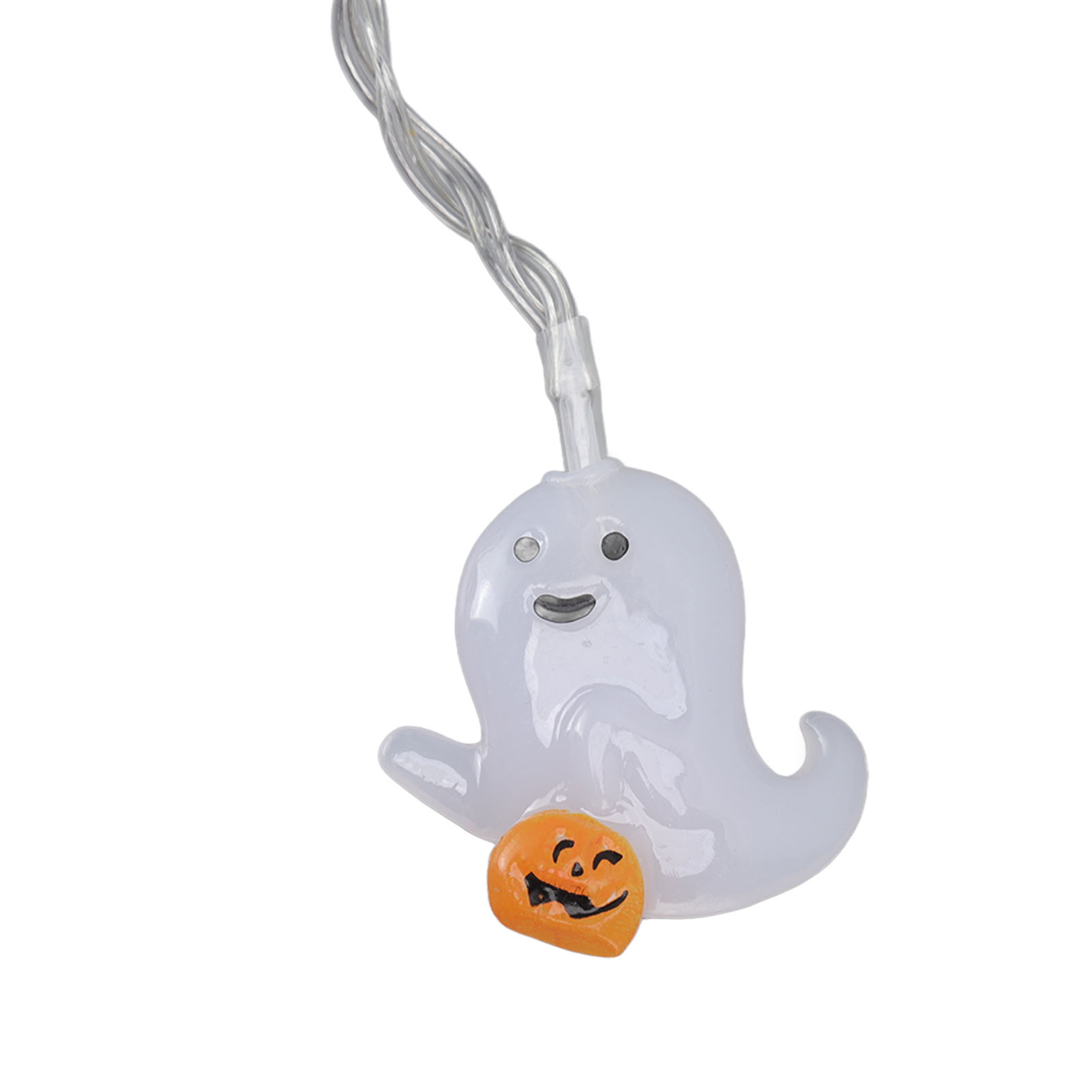 Eine weiße Geisterfigur mit einem kleinen orangefarbenen Kürbis am Boden. Oben ist ein Draht befestigt.
