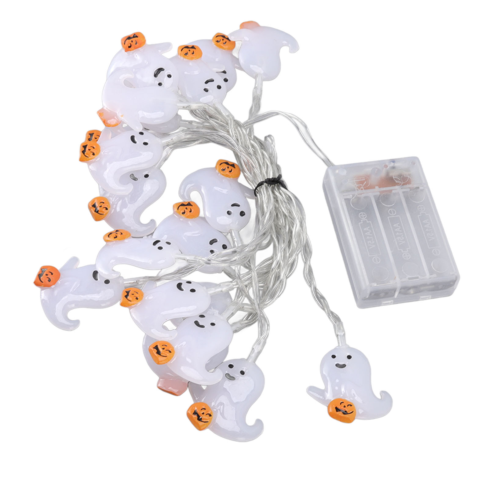 Lichterkette aus weißen Geisterlichtern mit orangefarbenen Kürbishüten. Rechts ist ein Akkupack angeschlossen.