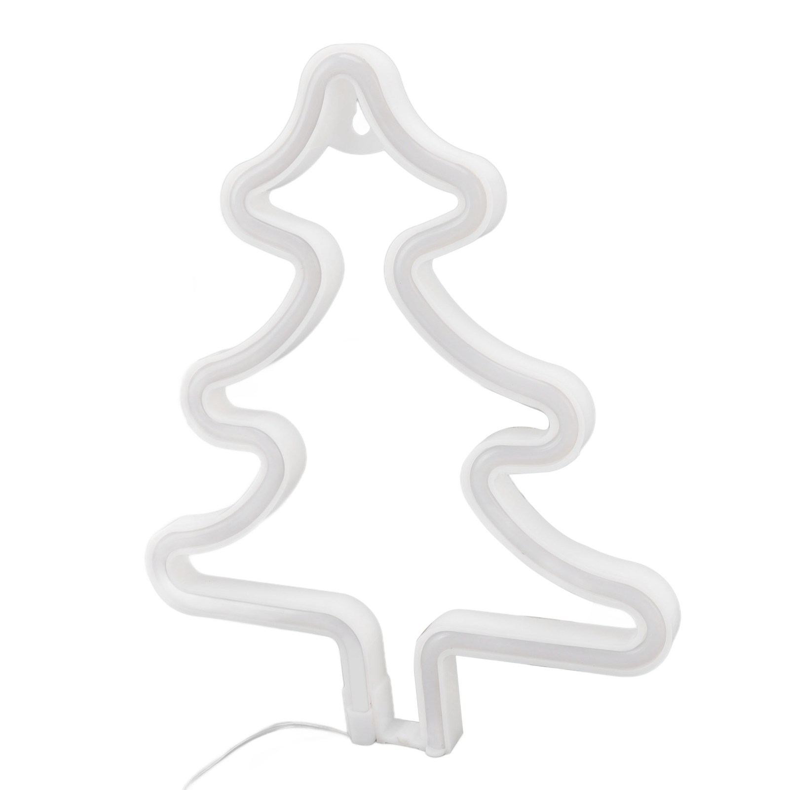 Ein weißer Neon-Weihnachtsbaum. Er hat einen klaren Umriss, und ein Draht kommt aus der Basis, vor einem weißen Hintergrund.
