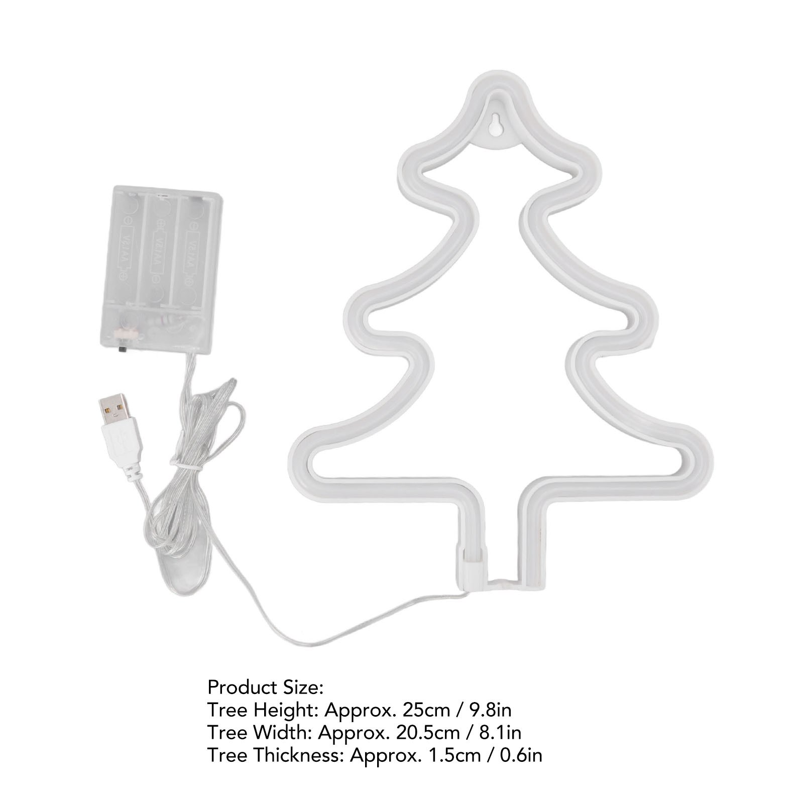 Ein weißes LED-Weihnachtsbaumlicht. Es wird über ein USB-Kabel und ein Akkupack mit Strom versorgt.