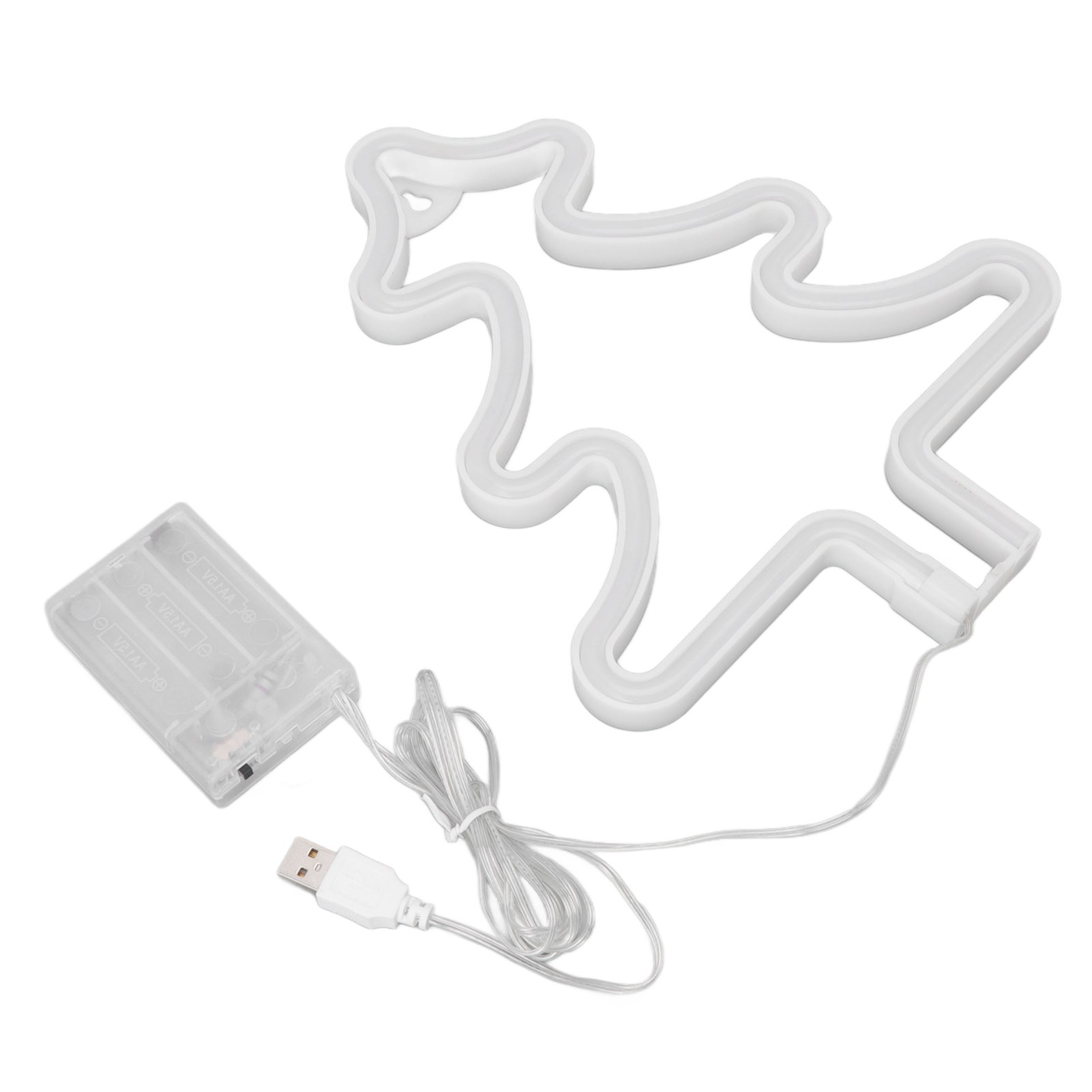 Ein weißer Neon-Weihnachtsbaum, ein Akkupack und ein USB-Kabel auf weißem Hintergrund.