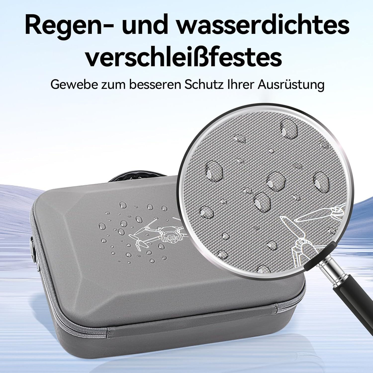 Gezeigt wird ein grauer Drohnenkoffer. Wassertropfen sind auf der Oberfläche, eine Lupe hebt das wasserdichte Material hervor.