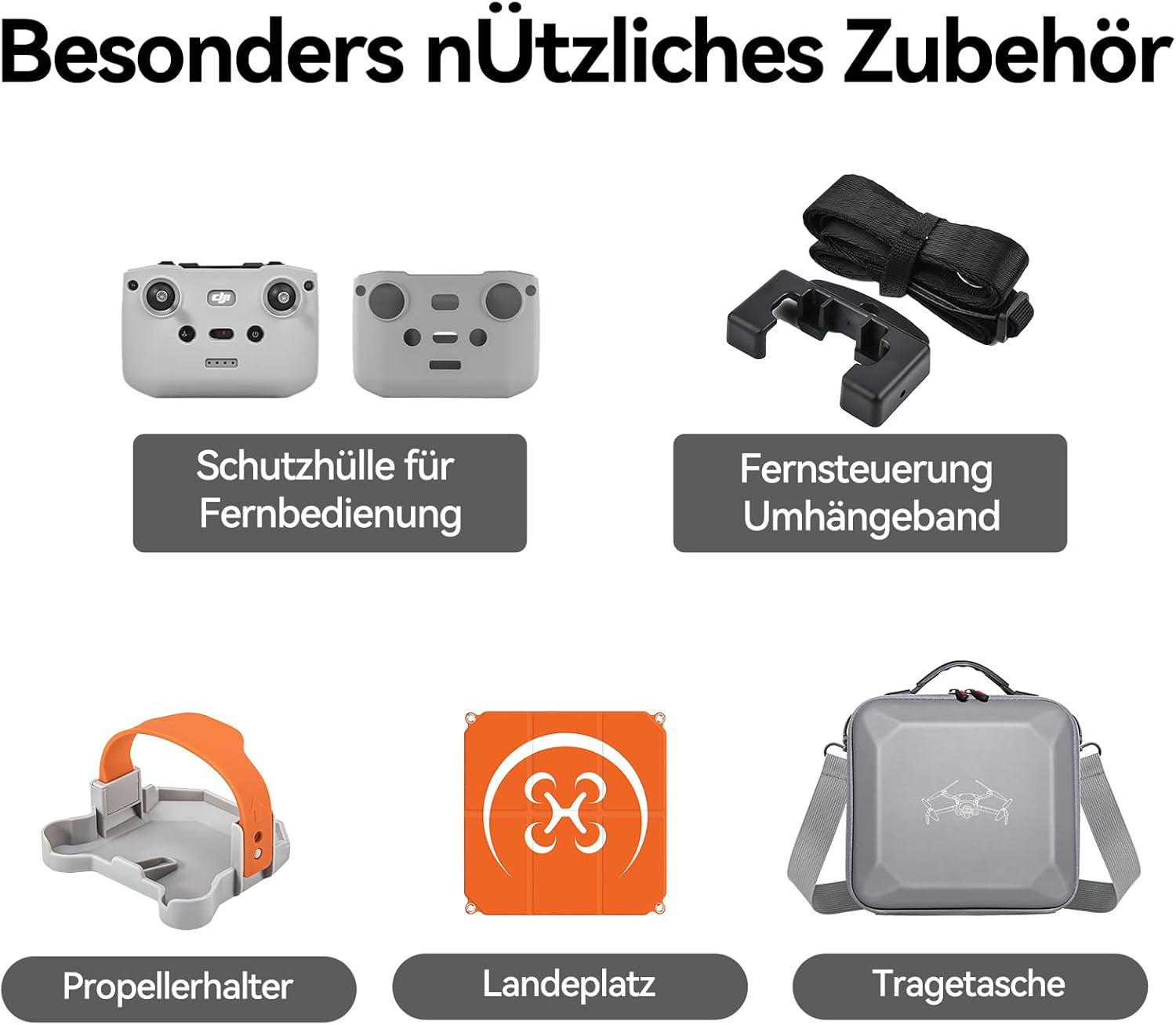 Bild zeigt Drohnenzubehör: Fernbedienung, Gurt, Propellerhalter, Landeplatz und Tragetasche. Text auf Deutsch.
