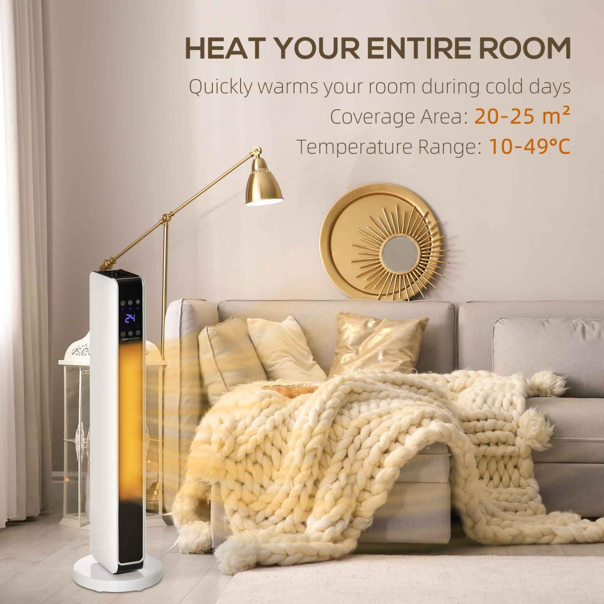 Ein Heizgerät steht in einem Raum. Auf dem Sofa liegt eine Decke, an der Wand ein goldener Spiegel und eine Lampe.