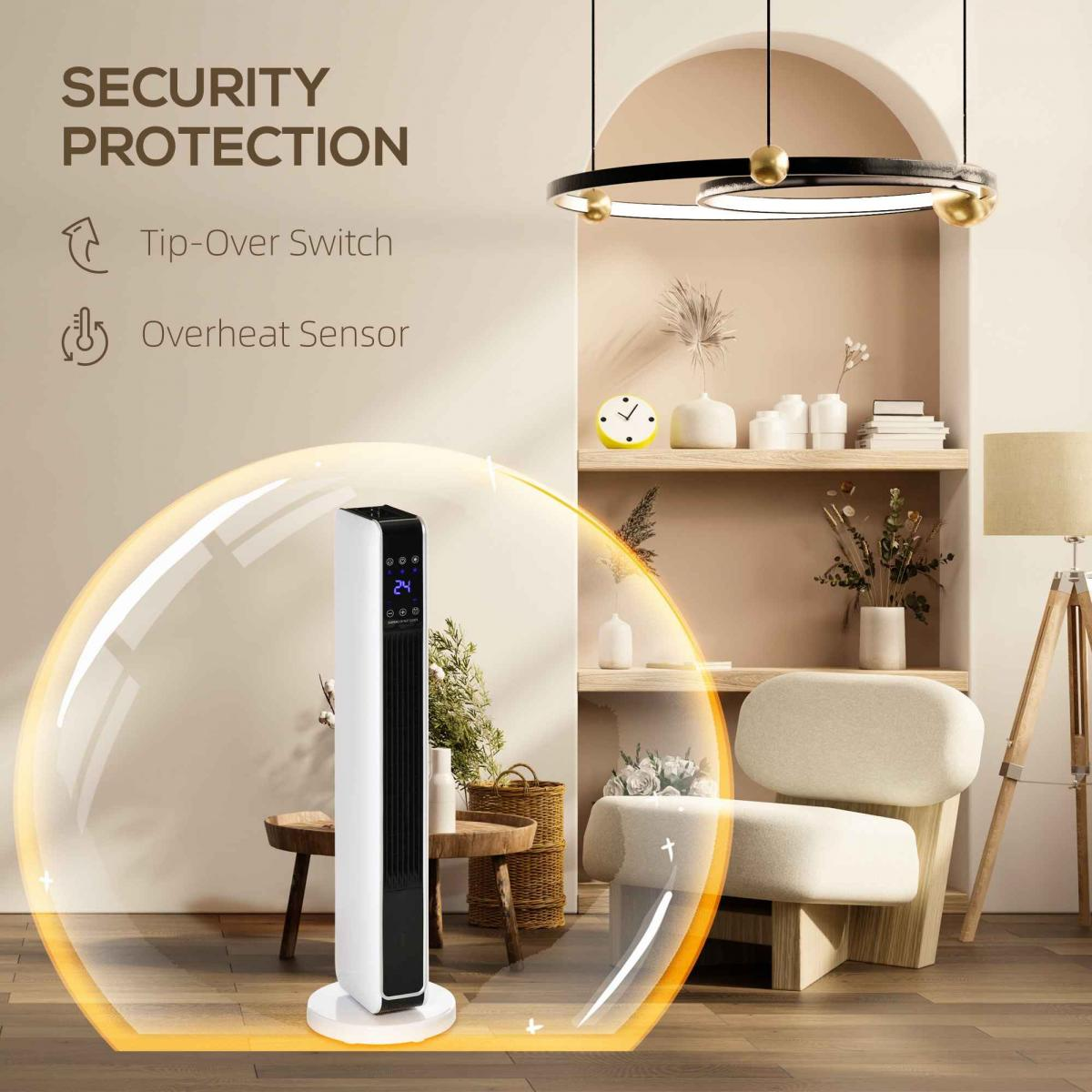 Ein hoher, weißer und schwarzer Ventilator wird in einem Wohnzimmer gezeigt. Er ist von einer Blase umgeben. Im Hintergrund sind ein Stuhl und eine Lampe zu sehen.