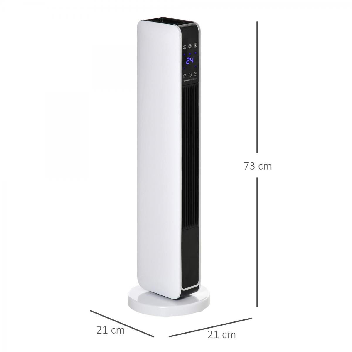 Ein weiß-schwarzer Turmventilator steht auf einem weißen Sockel. Ein Digitaldisplay zeigt '24'. Abmessungen: 21cm x 21cm x 73cm.
