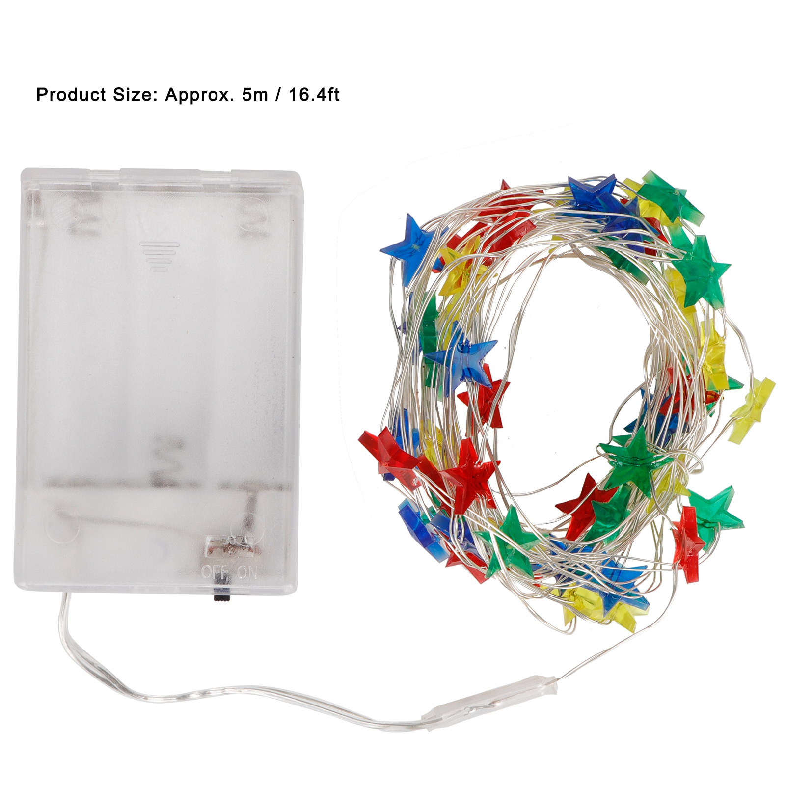 Lichterkette mit bunten sternförmigen Lichtern und einem transparenten Akkupack. Die Lichter sind rot, blau, gelb und grün.