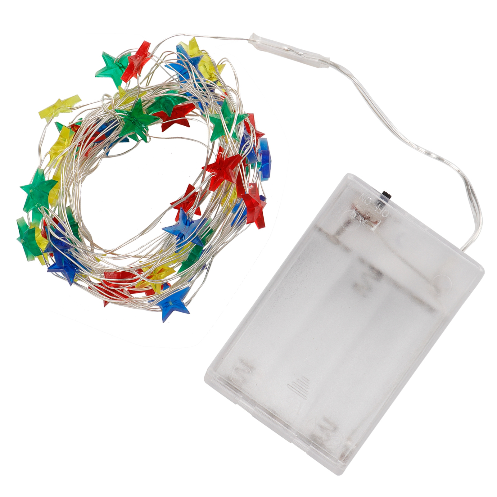 Lichterkette mit bunten sternförmigen Lichtern und einem durchsichtigen Akkupack auf weißem Hintergrund.