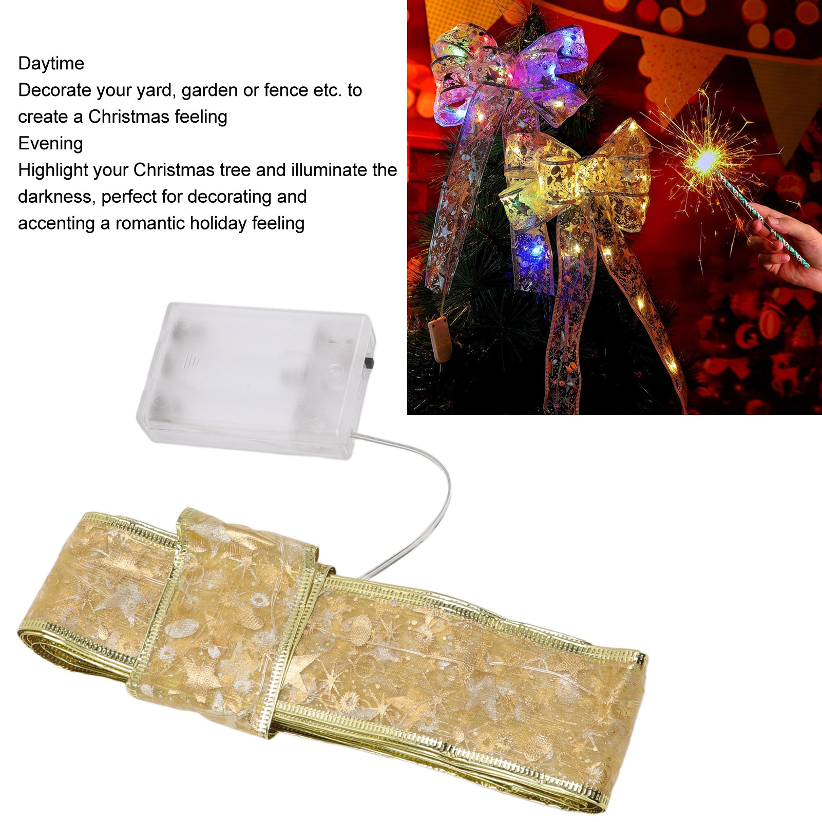 Weihnachtsbaumschleifen, Lichter und ein Wunderkerze. Ein Akku ist mit einem goldenen Band verbunden.