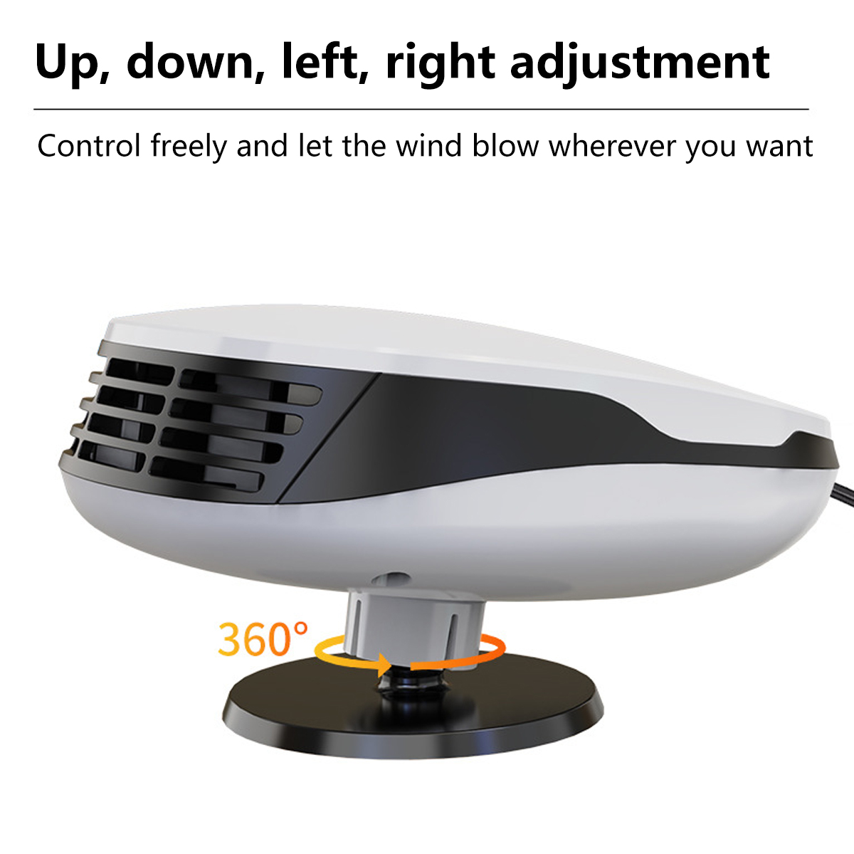 Ein weiß-schwarzer Ventilator mit 360-Grad-Einstellfunktion und dem Text 'Oben, unten, links, rechts'.