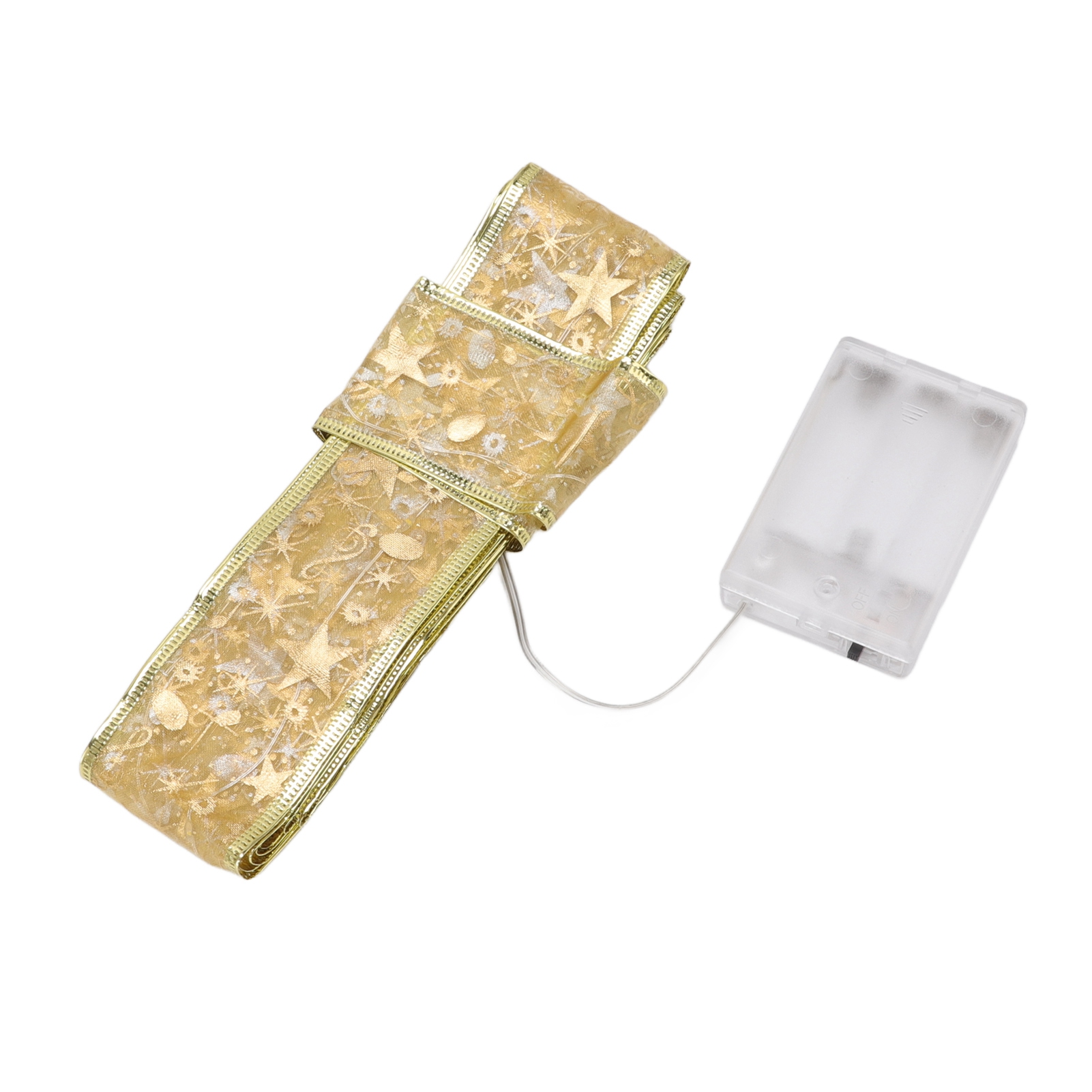 Goldenes Band mit Sternmuster und Batteriepack auf weißem Hintergrund.