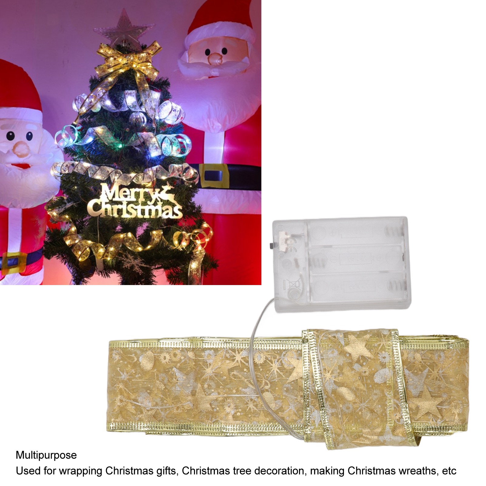 Weihnachtsbaum mit Lichtern, Ornamenten und Sternaufsatz. Weihnachtsmann-Dekorationen sind auf beiden Seiten. Goldenes Band und Batteriepack.