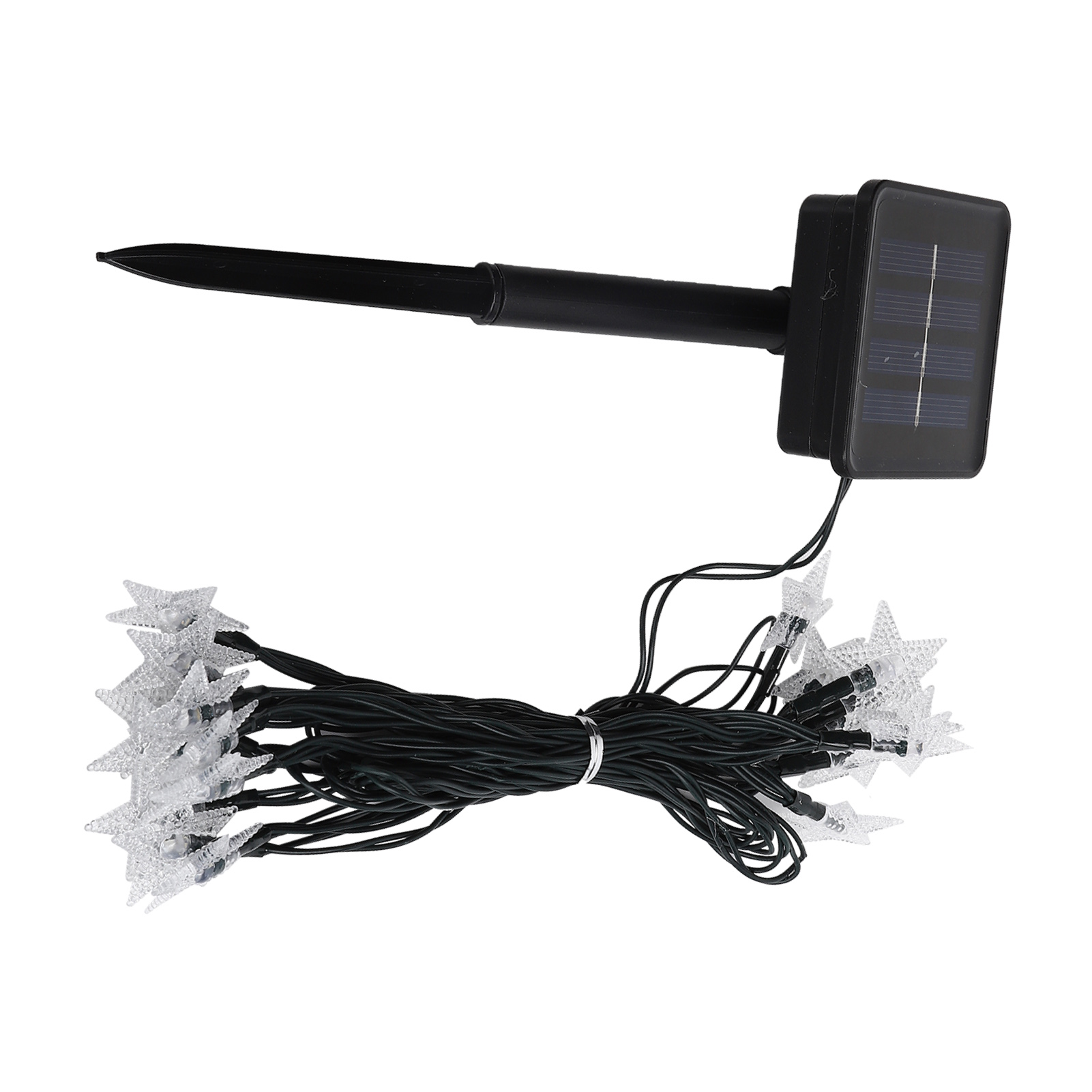 Eine solarbetriebene Lichterkette in Sternform. Sie hat einen schwarzen Pfahl, ein Solarpanel und ein Bündel klarer Sternlichter an schwarzen Drähten.