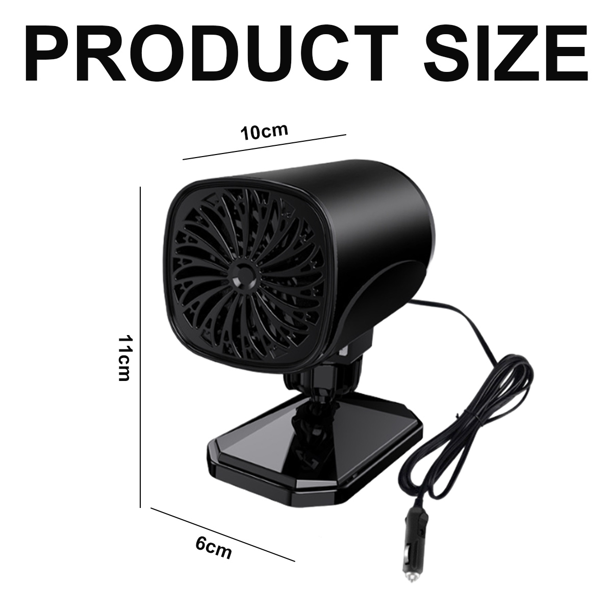 Schwarze Autoheizung mit den Maßen: 10 cm, 11 cm und 6 cm. Hat ein Netzkabel und steht auf weißem Hintergrund. Produktgröße ist beschriftet.