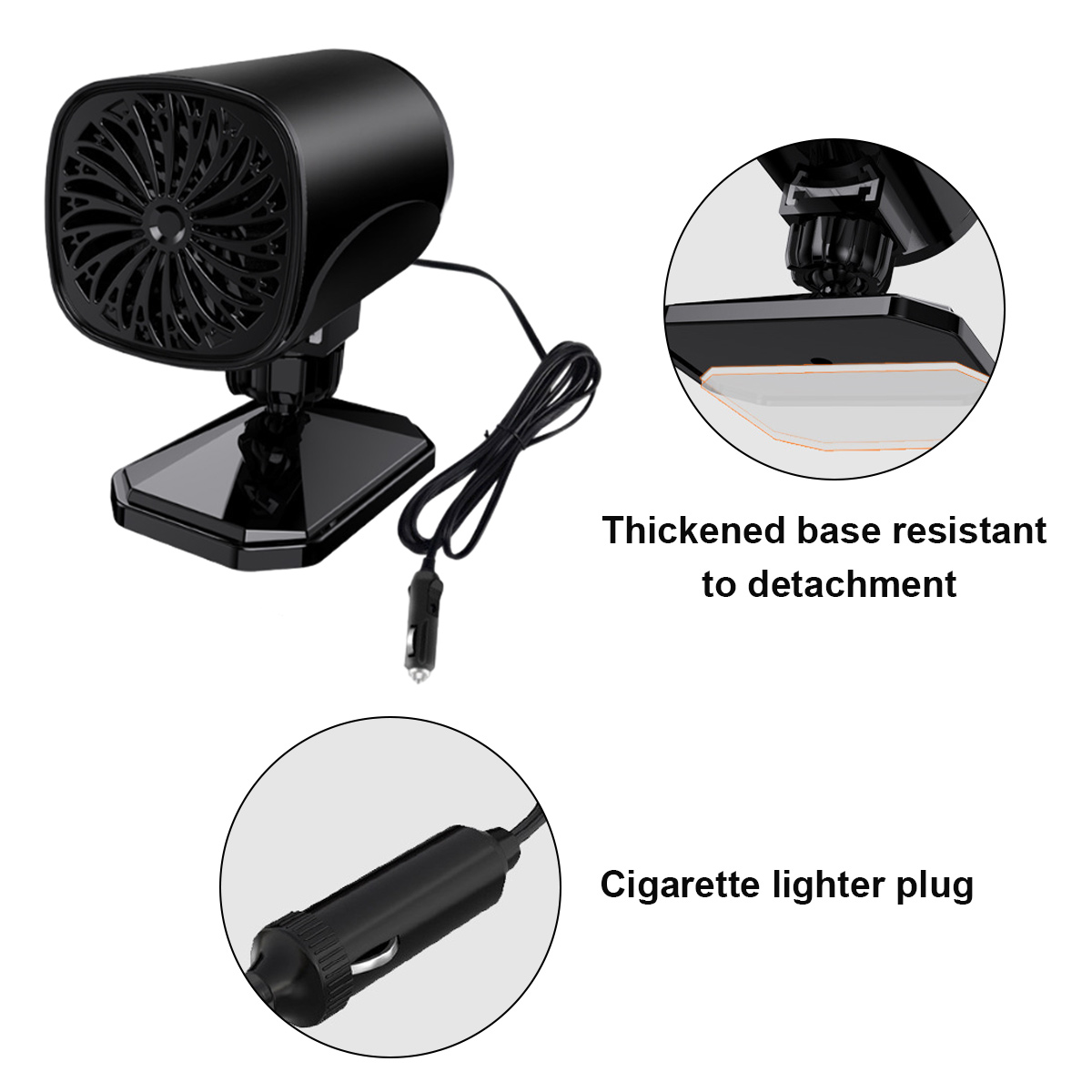 Eine schwarze Autoheizung mit Ventilator, Sockel und Kabel mit Zigarettenanzünder. Details zeigen Sockel und Stecker.