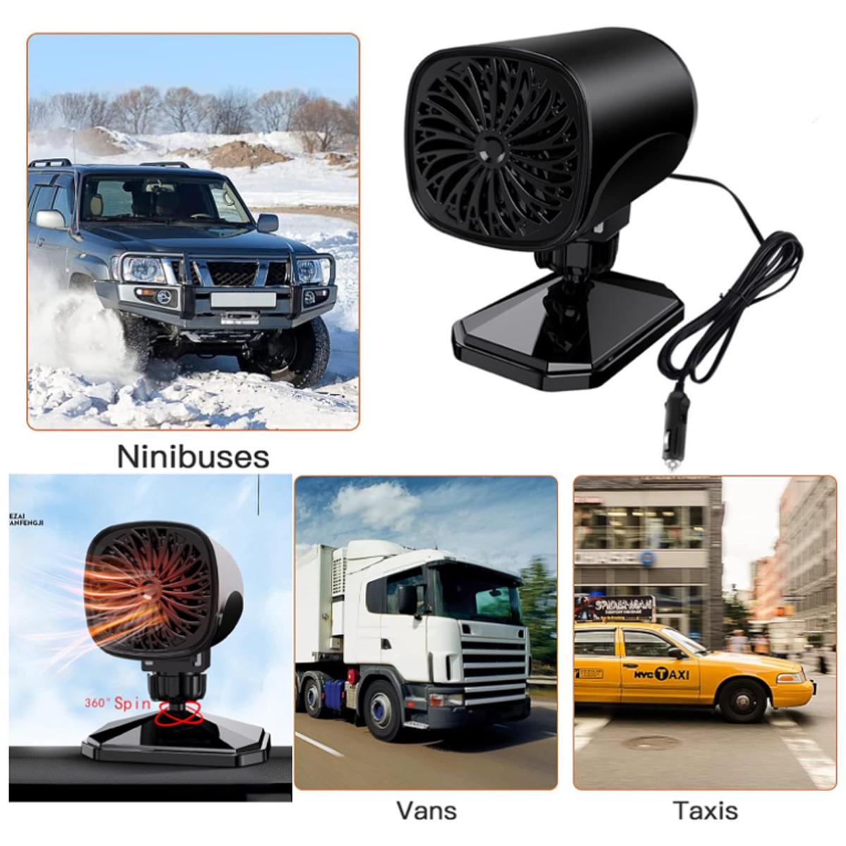Das Bild zeigt eine schwarze Autoheizung, ein Auto, das im Schnee fährt, einen LKW, ein Taxi und eine Heizung, die Wärme abgibt.