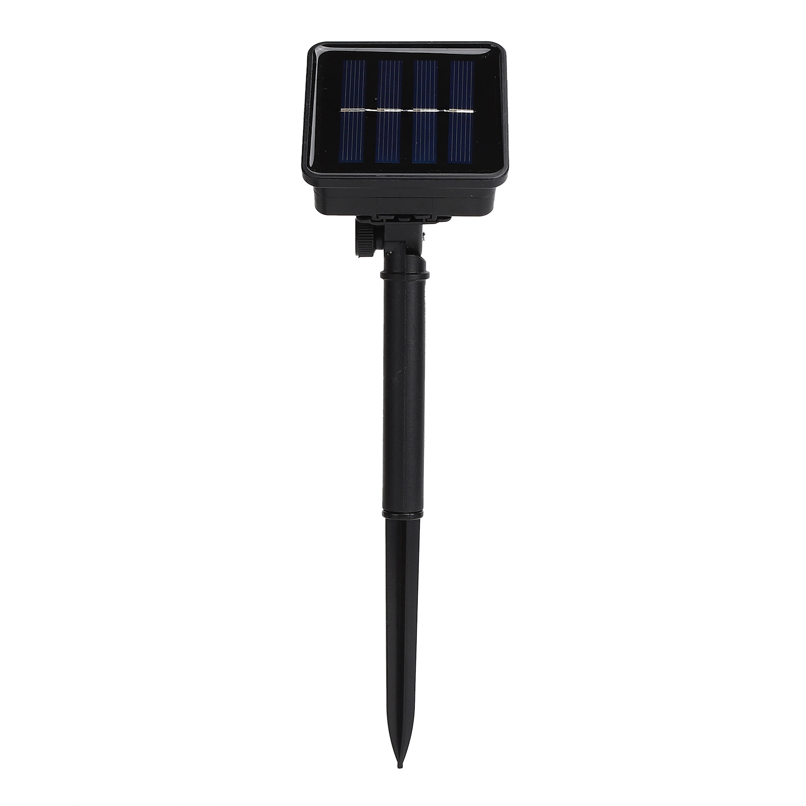 Ein schwarzes Solarpanel auf einem schwarzen Pfahl. Das Panel hat vier dunkelblaue Abschnitte. Der Pfahl hat ein spitzes Ende.