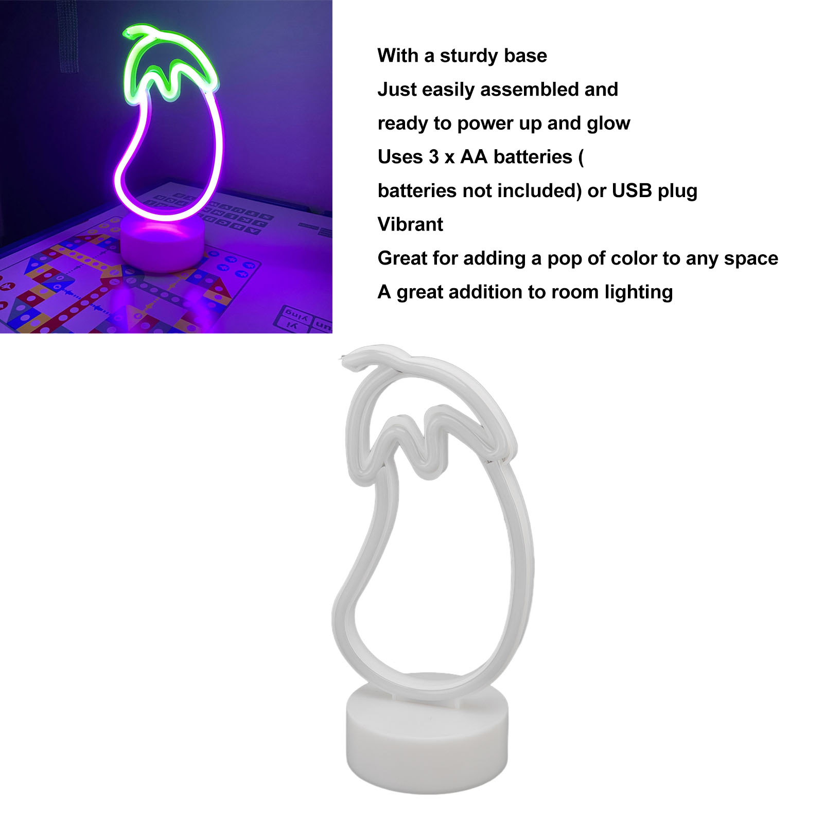 Ein auberginenförmiges Neonlicht mit grünem Oberteil und lila Körper. Es steht auf einem weißen Sockel auf einem Spielbrett.