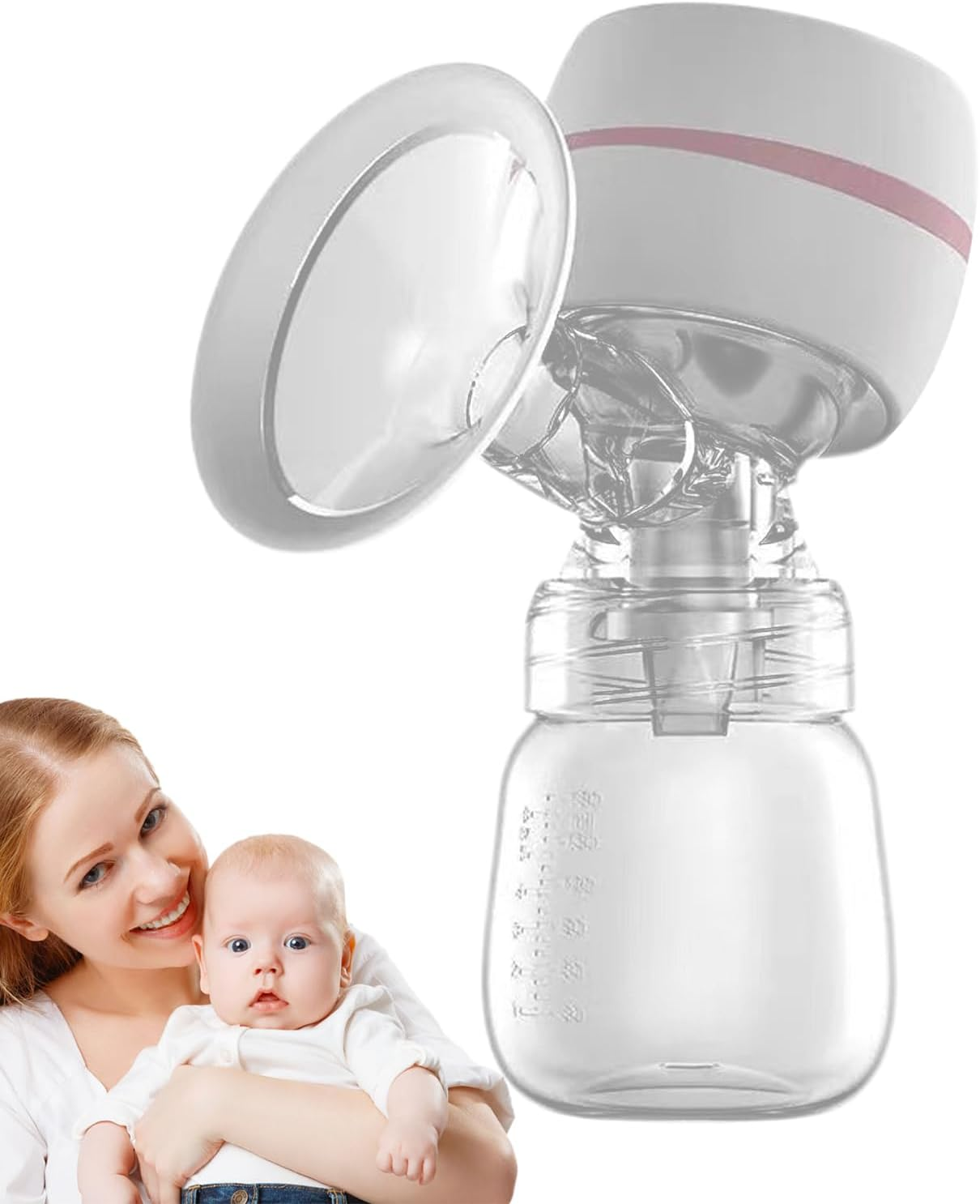 Eine Frau hält ein Baby, im Hintergrund eine Brustpumpe. Die Pumpe ist weiß und rosa. Das Baby und die Mutter lächeln.