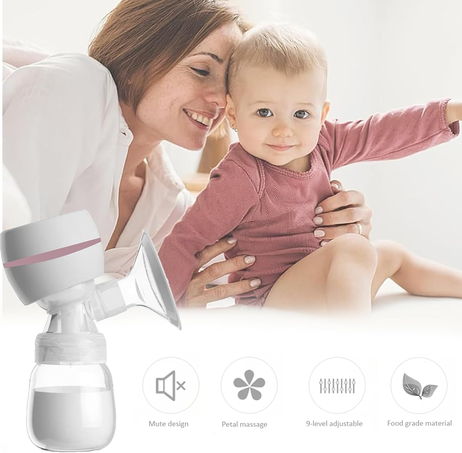 Eine Frau und ein Baby sind mit einer Brustpumpe abgebildet. Symbole beschreiben die Eigenschaften der Pumpe.