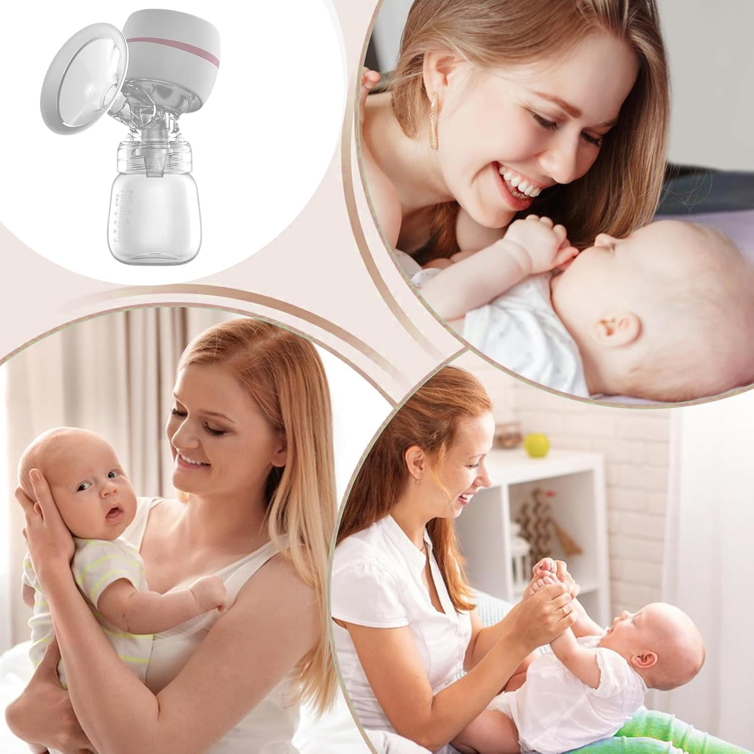 Das Bild zeigt eine Brustpumpe und drei Szenen von Müttern mit Babys, die spielen und lächeln. Eine Szene zeigt ein stillendes Baby.