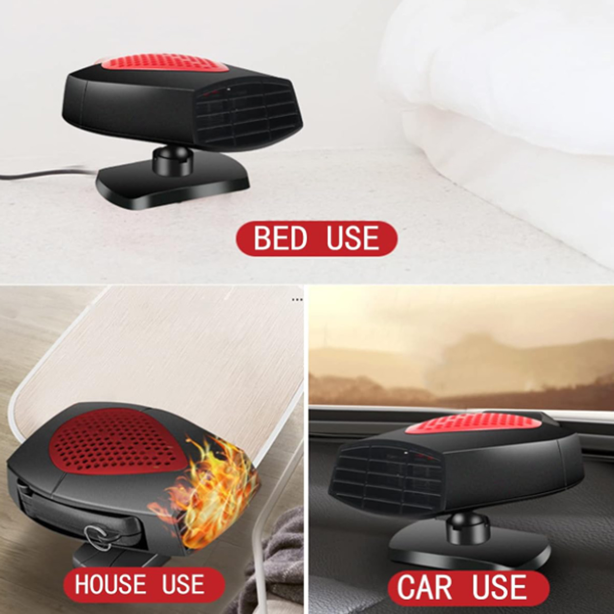 Schwarzer und roter tragbarer Heizlüfter für Bett, Haus und Auto. Feuergrafik für den Hausgebrauch.