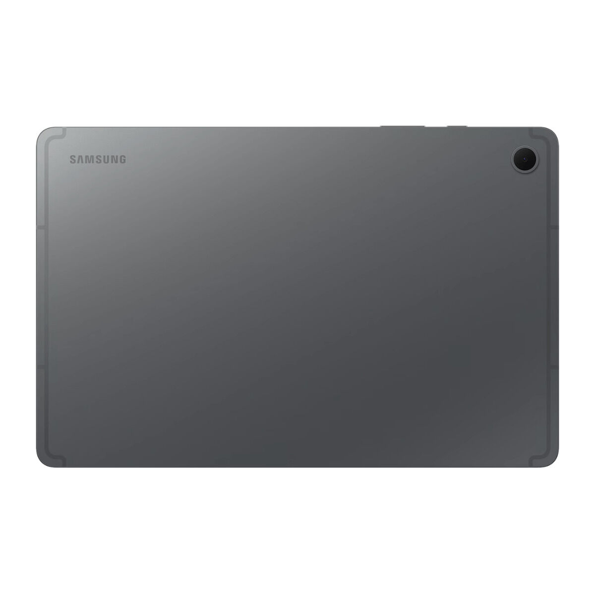 Widok z tyłu szarego tabletu Samsung. Ma aparat, przyciski i logo Samsung. Urządzenie znajduje się na białym tle.