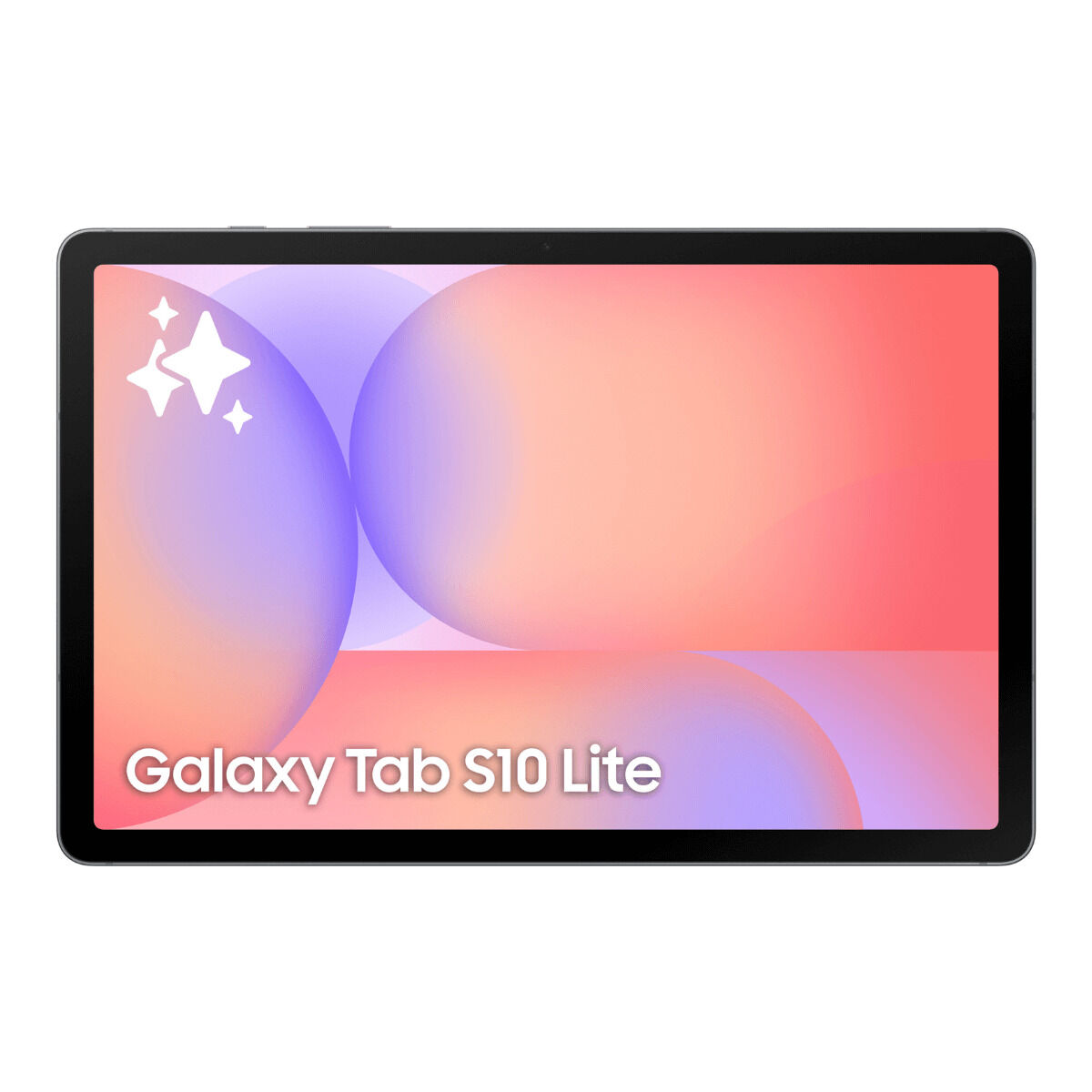 Wyświetlany jest tablet Galaxy Tab S10 Lite, pokazujący kolorowe tło z ikonami gwiazd. Tablet ma czarną ramkę z tekstem.