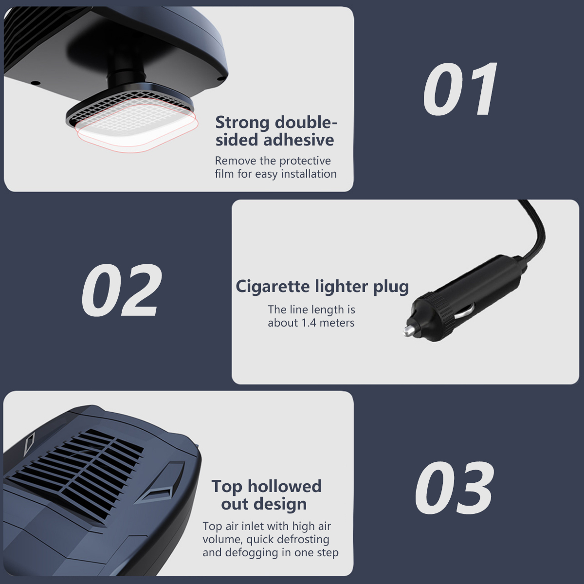 Das Bild zeigt Teile einer Auto-Enteisungsanlage: Klebstoff, Zigarettenanzünderstecker und ein hohles Design für den Lufteinlass.