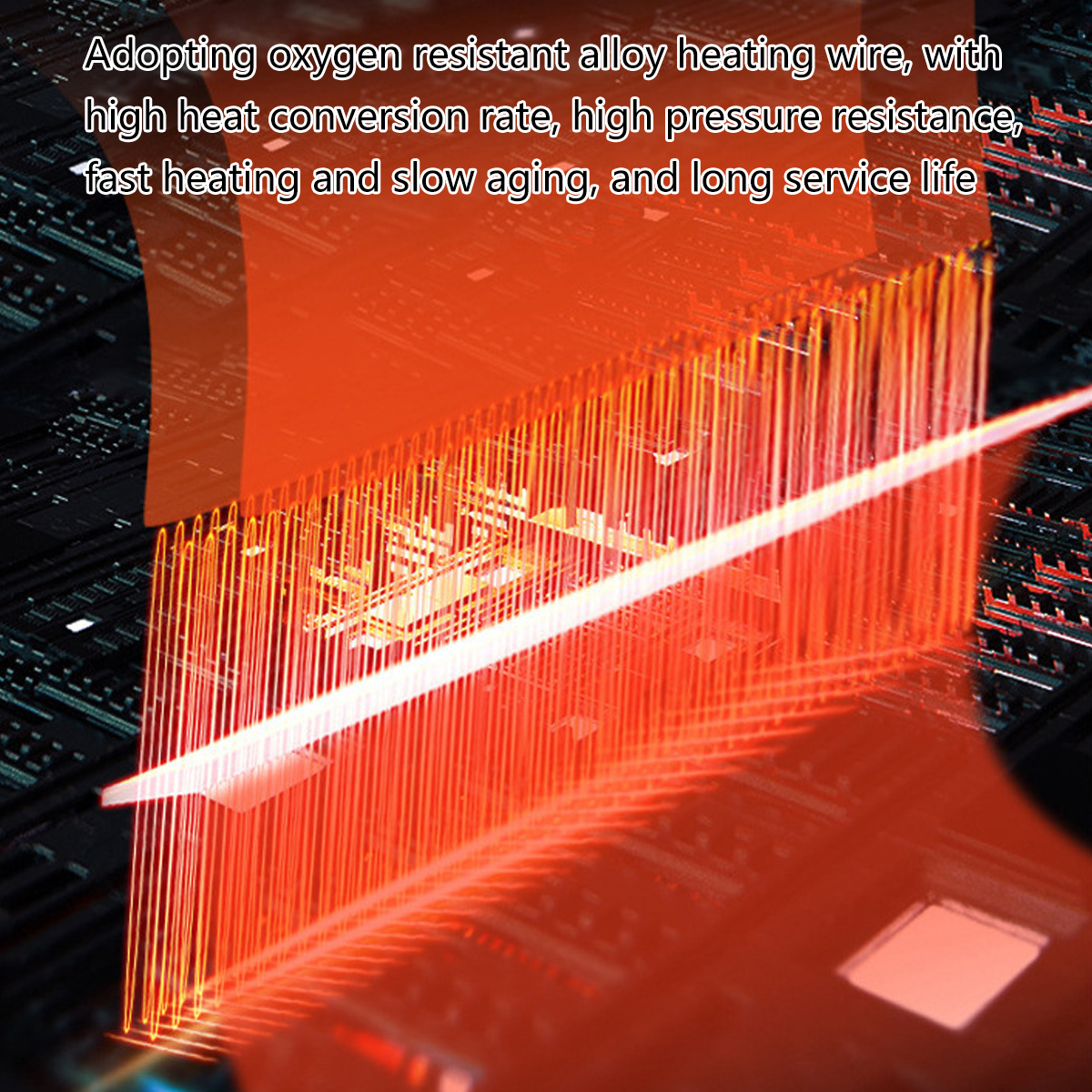 Ein abstraktes Bild von roten Linien, die von einer weißen Linie ausgehen, mit Textüberlagerung, die Heizdrahttechnologie beschreibt.