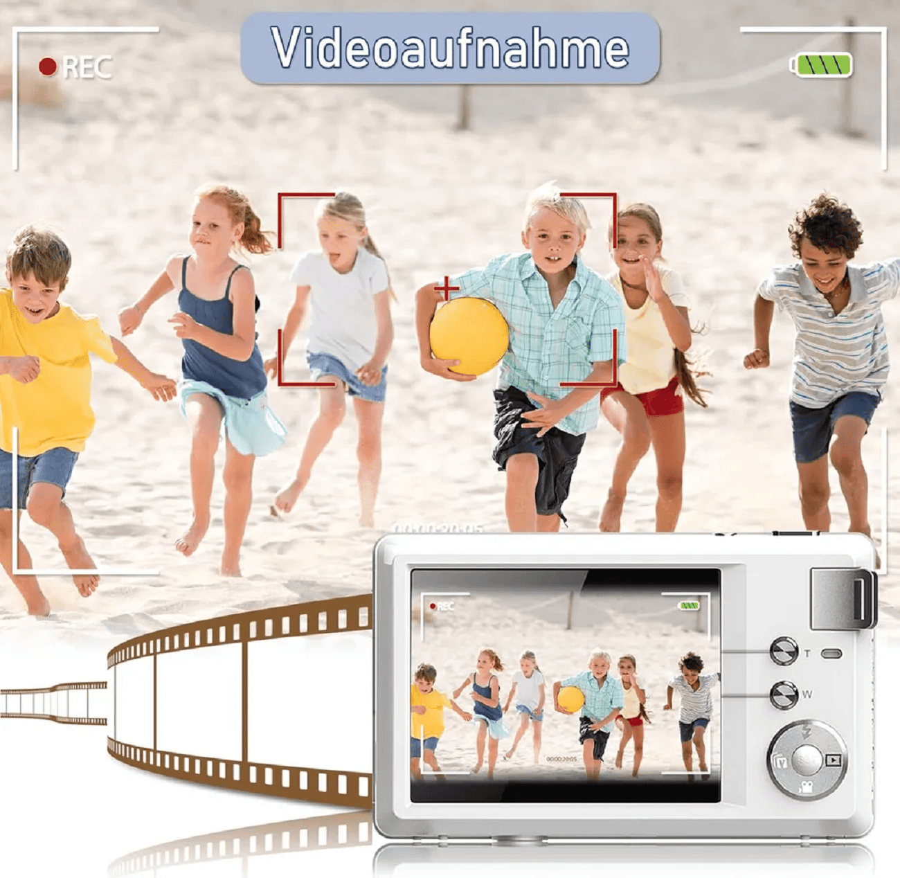 Dzieci biegające po plaży, jedno trzymające żółtą piłkę. Kamera nagrywa scenę, wyświetlając wideo.