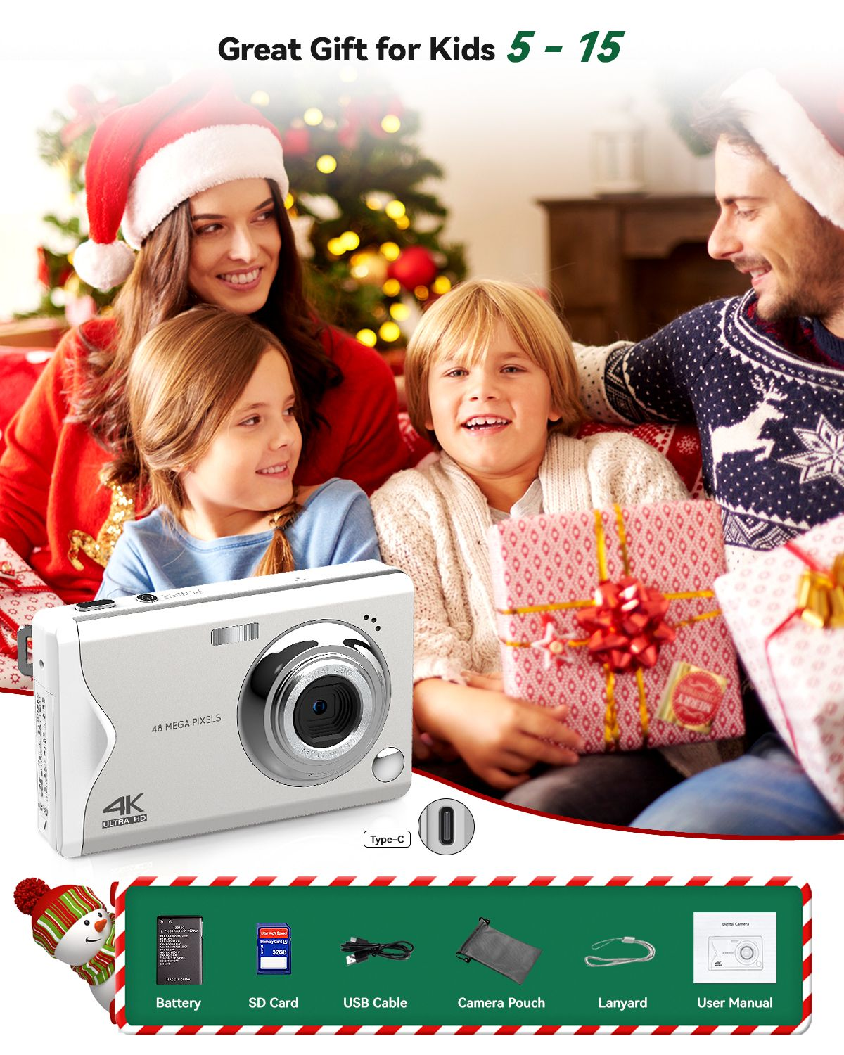Familie mit Kindern, Kamerageschenk. Enthält Akku, SD-Karte, USB-Kabel, Tasche, Schlüsselband und Handbuch. Weihnachtsszene.