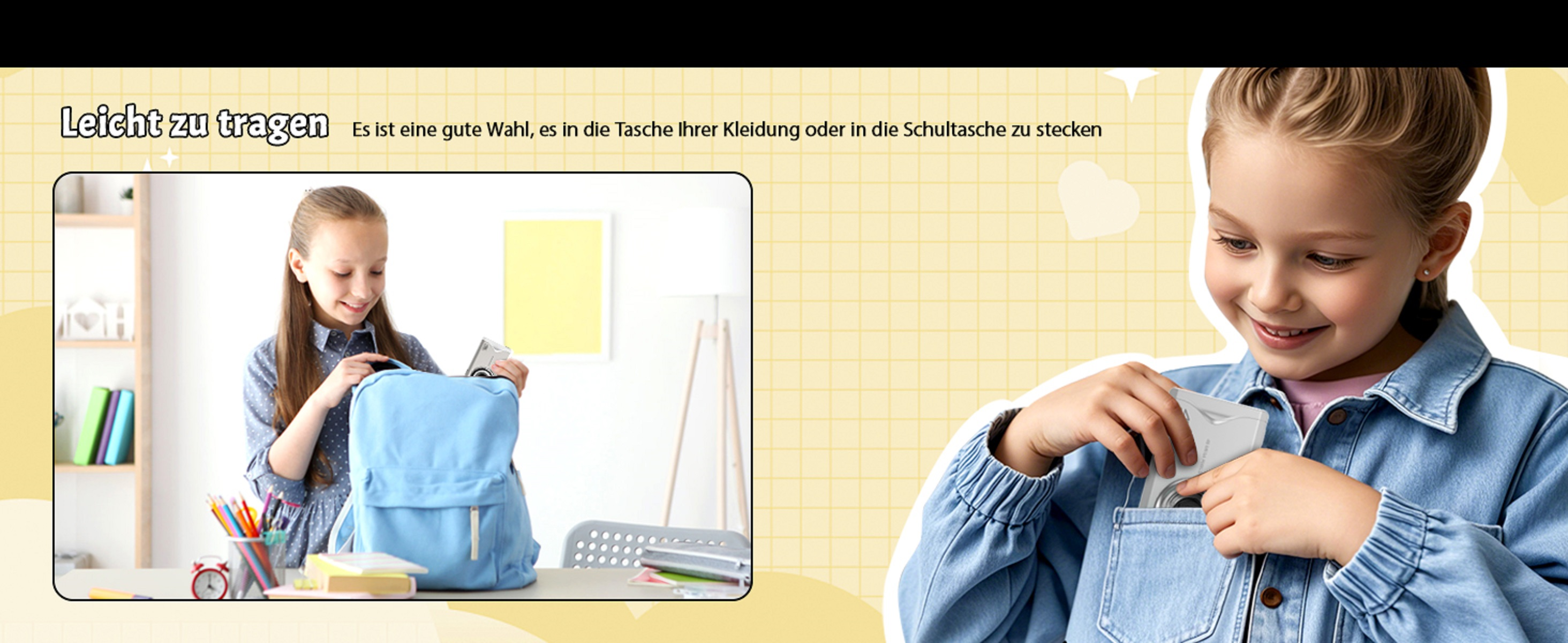 Ein Mädchen steckt eine Kamera in ihre Tasche. Ein anderes Mädchen packt Gegenstände in einen blauen Rucksack. Der Hintergrund ist ein Zimmer mit einem Schreibtisch.