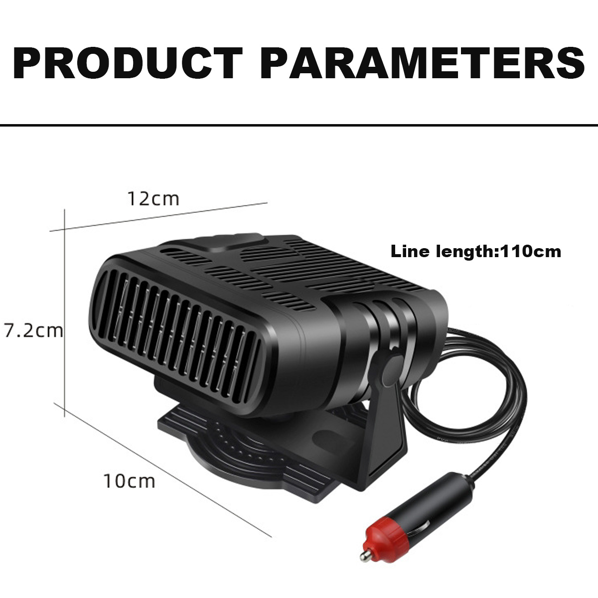 Schwarze Autoheizung mit Abmessungen. Es hat einen Netzstecker. Die Abmessungen sind: 12cm, 7,2cm, 10cm. Leitungslänge: 110cm.