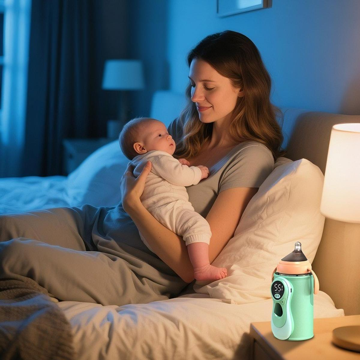 Eine Frau hält ein Baby im Bett. Ein Flaschenwärmer steht auf dem Nachttisch. Die Szene ist schwach beleuchtet.